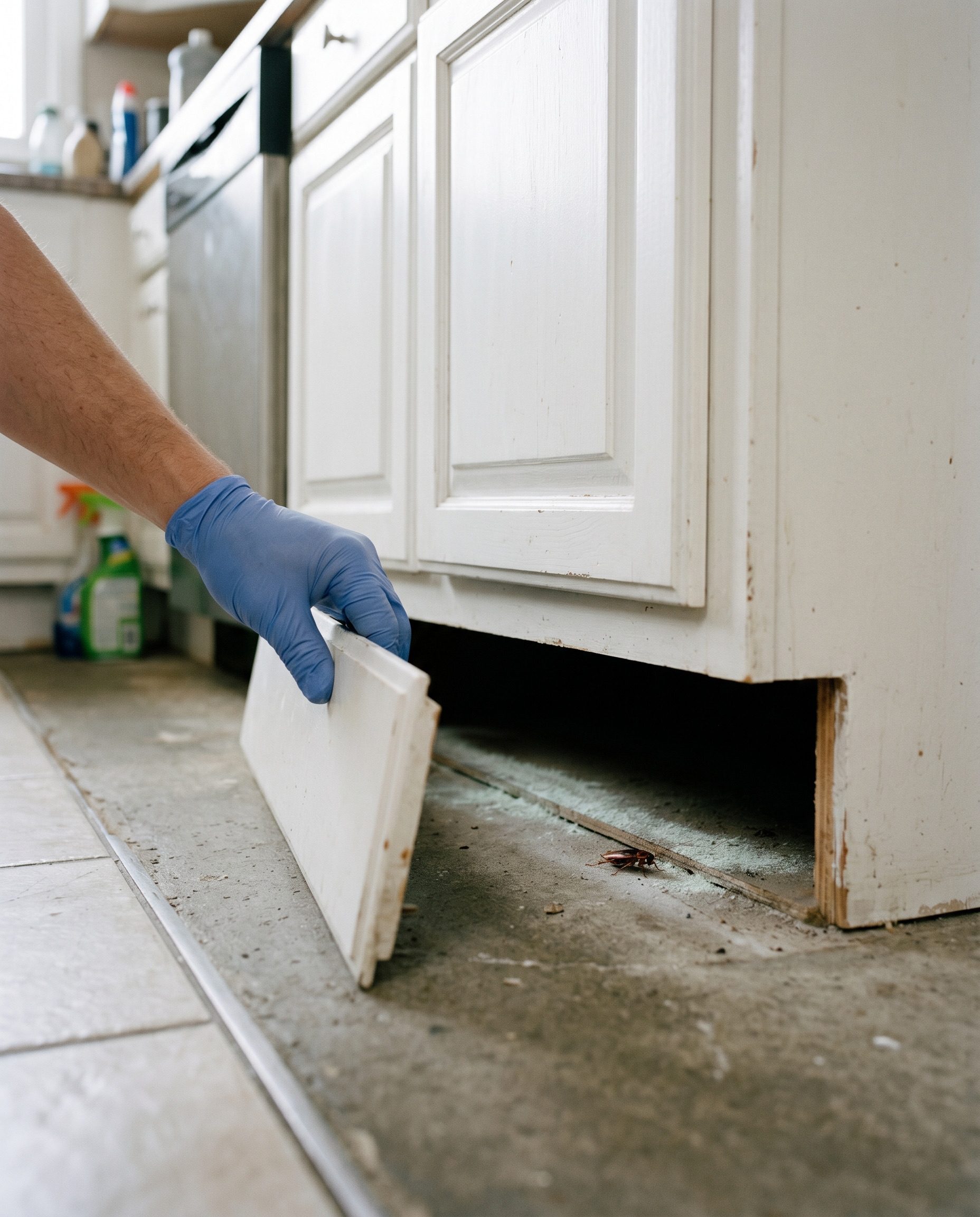 a hand removing a kitchen cabinet kick-plate to reveal the dark void underneath, with a faint film of pale pow