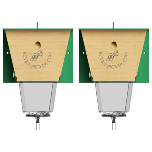 Two-pack carpenter bee trap with clear external receptacle hanging under a wooden eave
