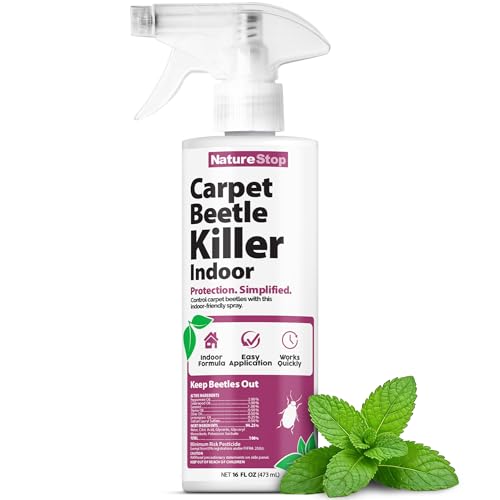 Carpet beetle killer spray treating a carpet edge and closet corner indoors