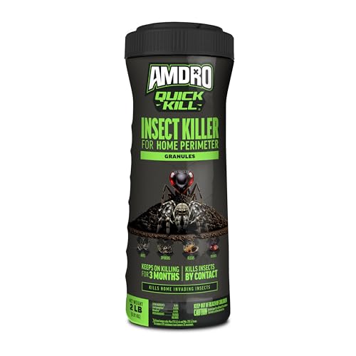 Perimeter insect killer granules spread as a barrier band around a home foundation