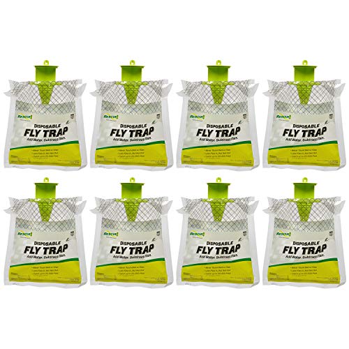 Hanging disposable bait bag fly trap for a backyard fence post