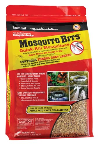 Mosquito Bits Bti granules being sprinkled into a container of standing water