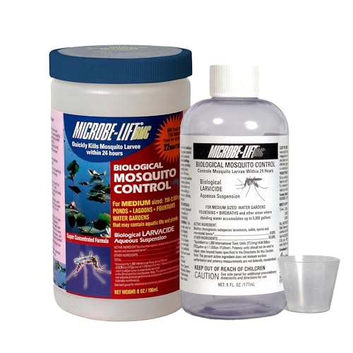 Liquid Bti mosquito control treatment poured into an ornamental backyard pond