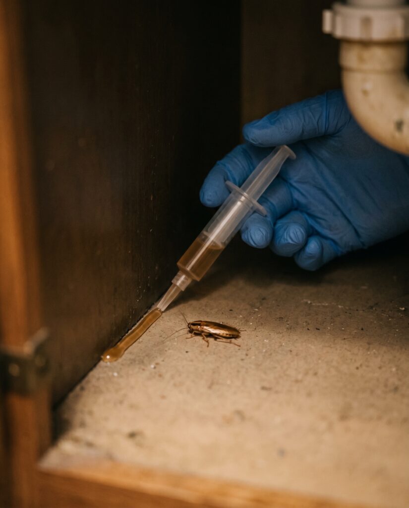 a gloved hand squeezing a thin bead of plain unbranded gel bait from an applicator syringe into the back corne