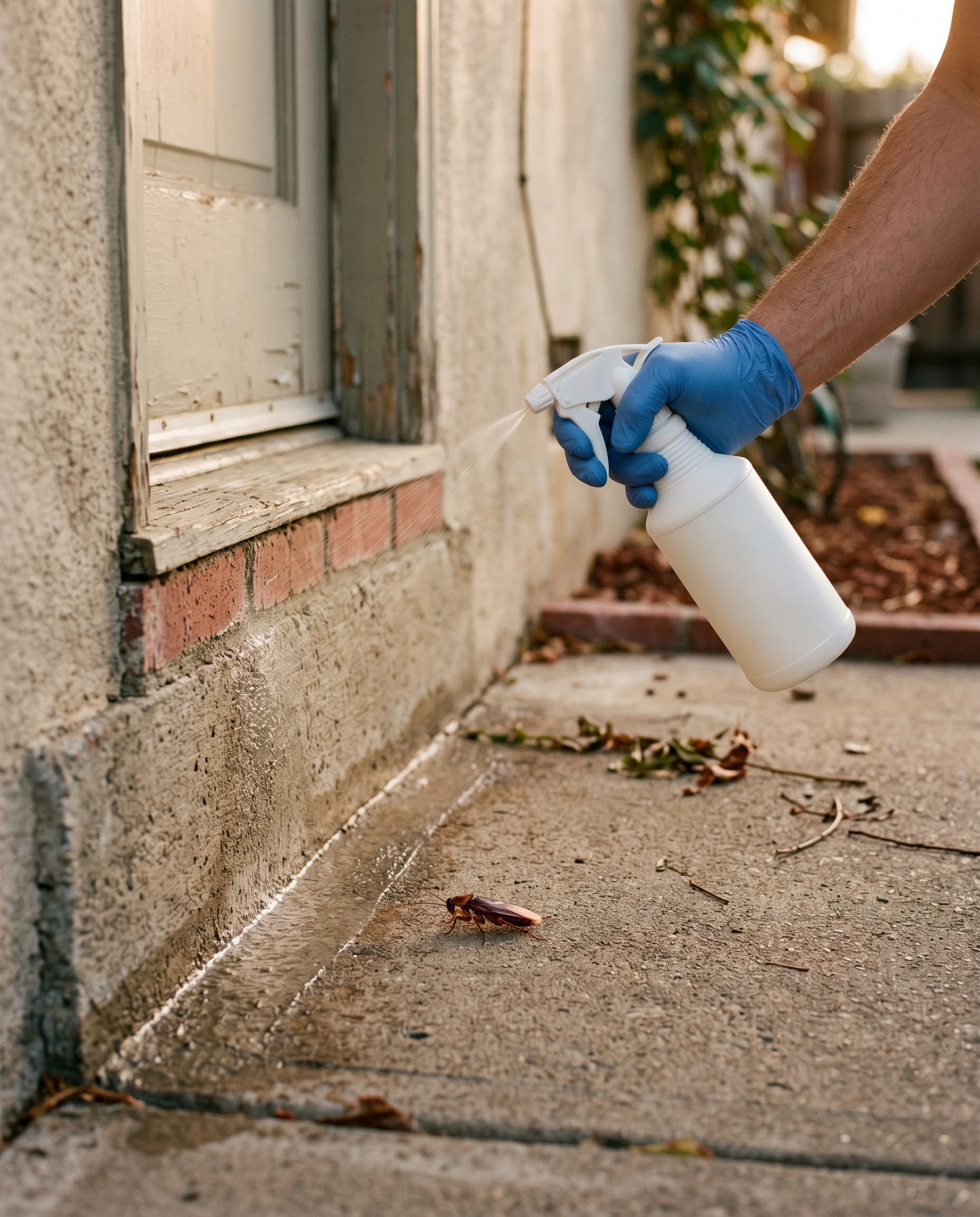a gloved hand holding a plain unbranded trigger-spray bottle, applying a thin band of spray along the outside 