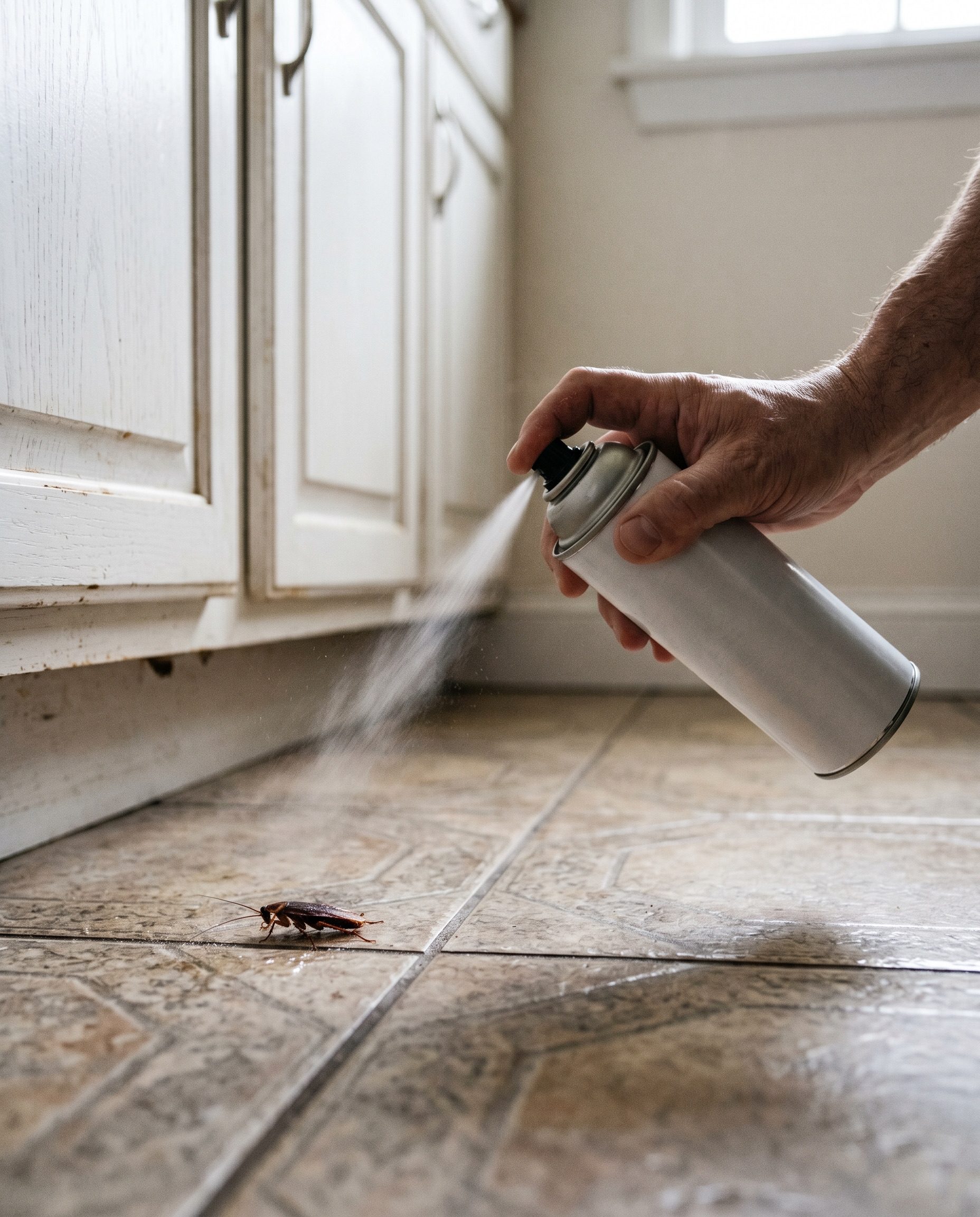 a hand directing a short burst from a plain unbranded aerosol can straight at a single cockroach caught in the