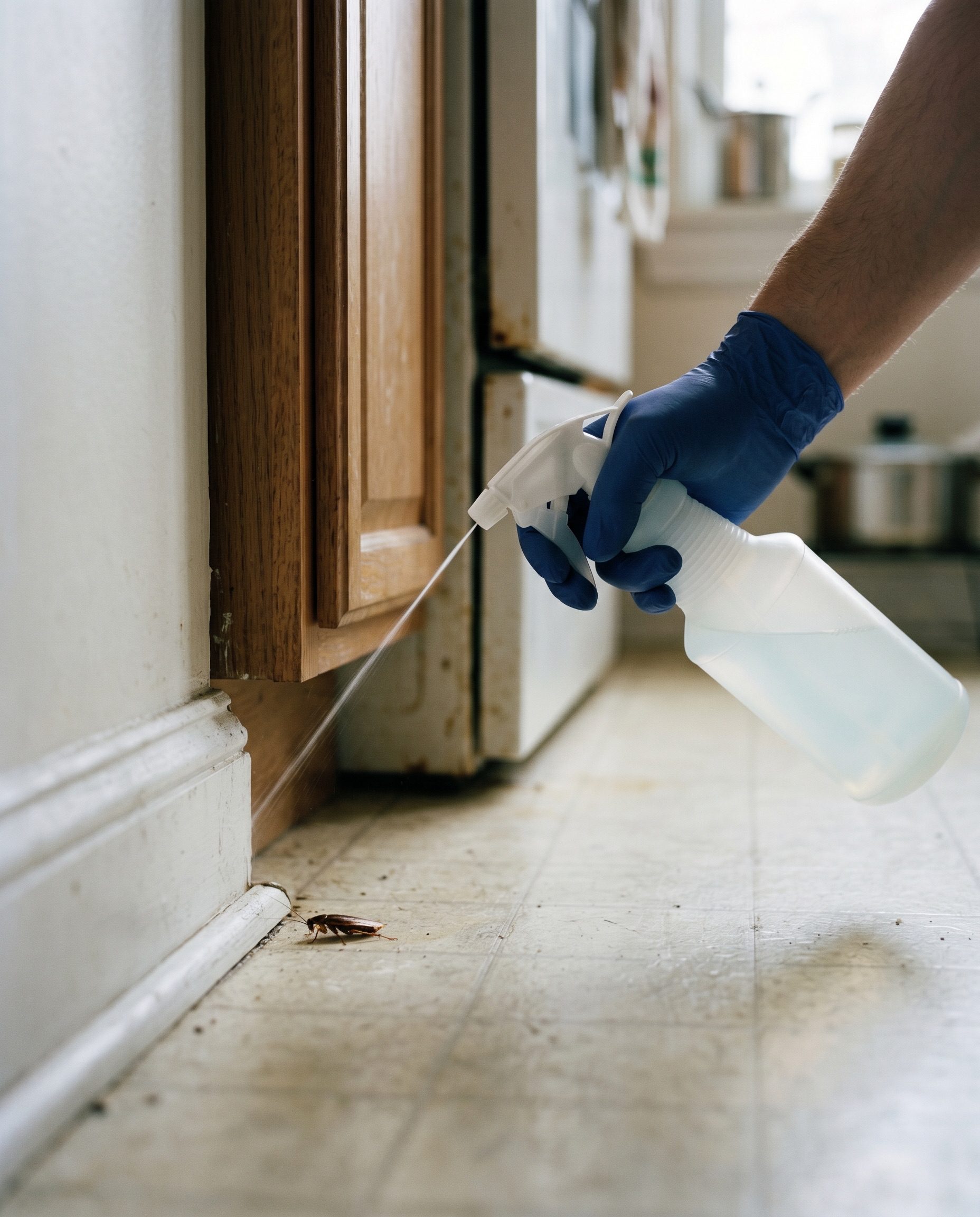 a gloved hand spraying a thin precise line of liquid from a plain unbranded trigger bottle into the crack wher
