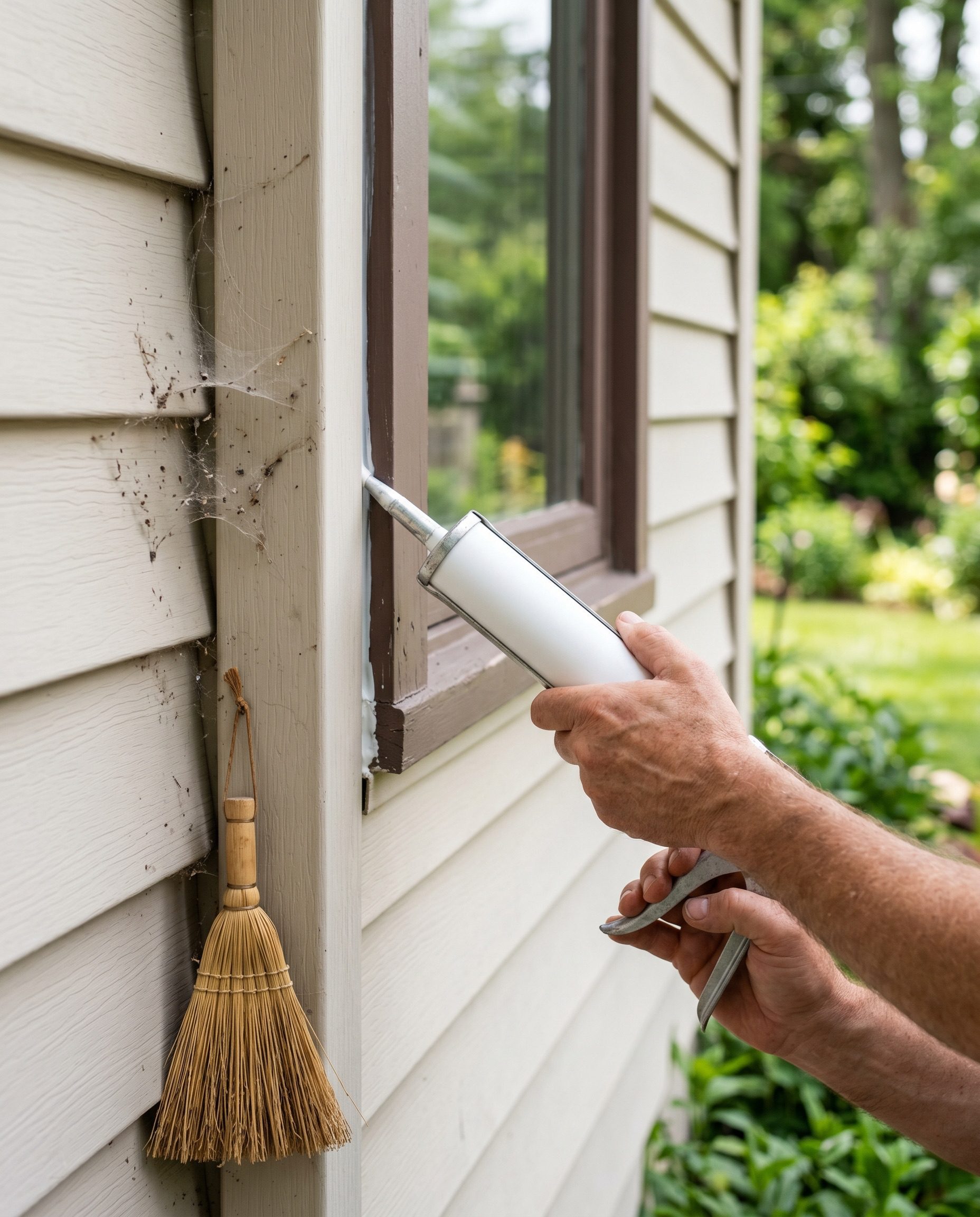 Sealing a gap where a window frame meets siding with caulk