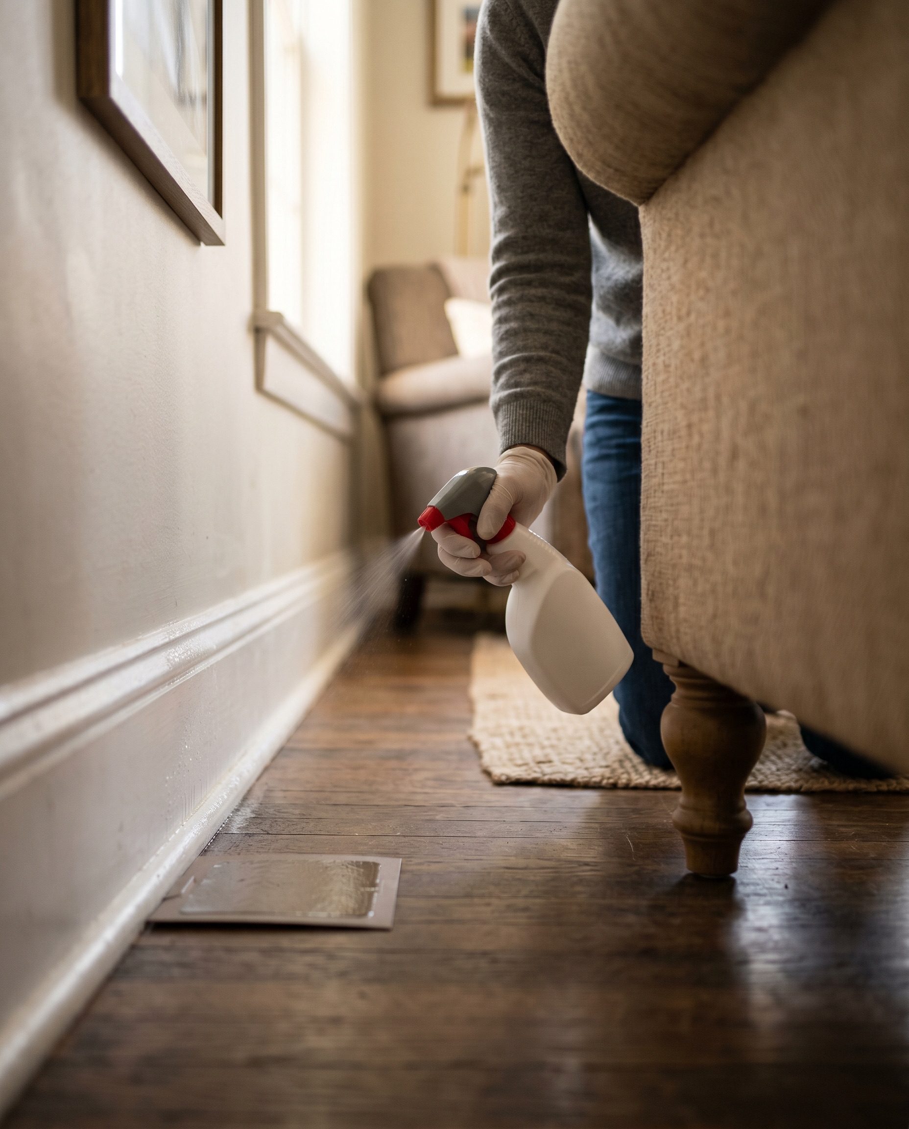 Spot-treating an interior baseboard with a sticky glue board nearby