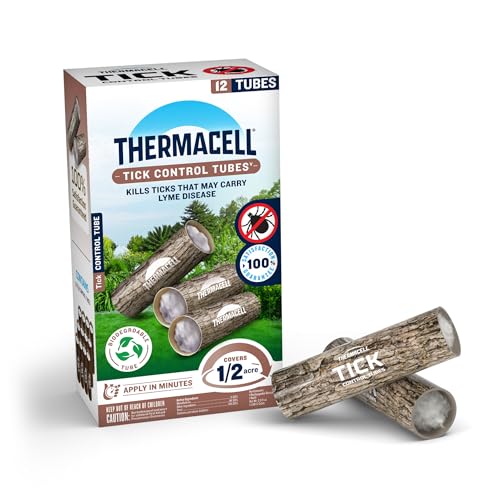 Box of no-spray permethrin cotton tick control tubes for a backyard woods edge