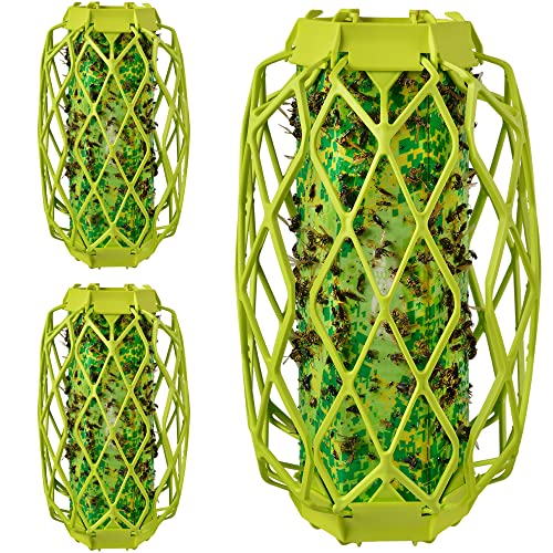 Bright sticky wasp trap hung near a house eave for mud daubers and carpenter bees
