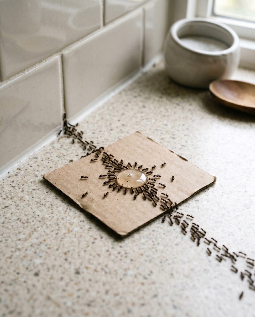 a small bead of clear sweet liquid ant bait placed on a piece of card on a kitchen countertop where it meets t