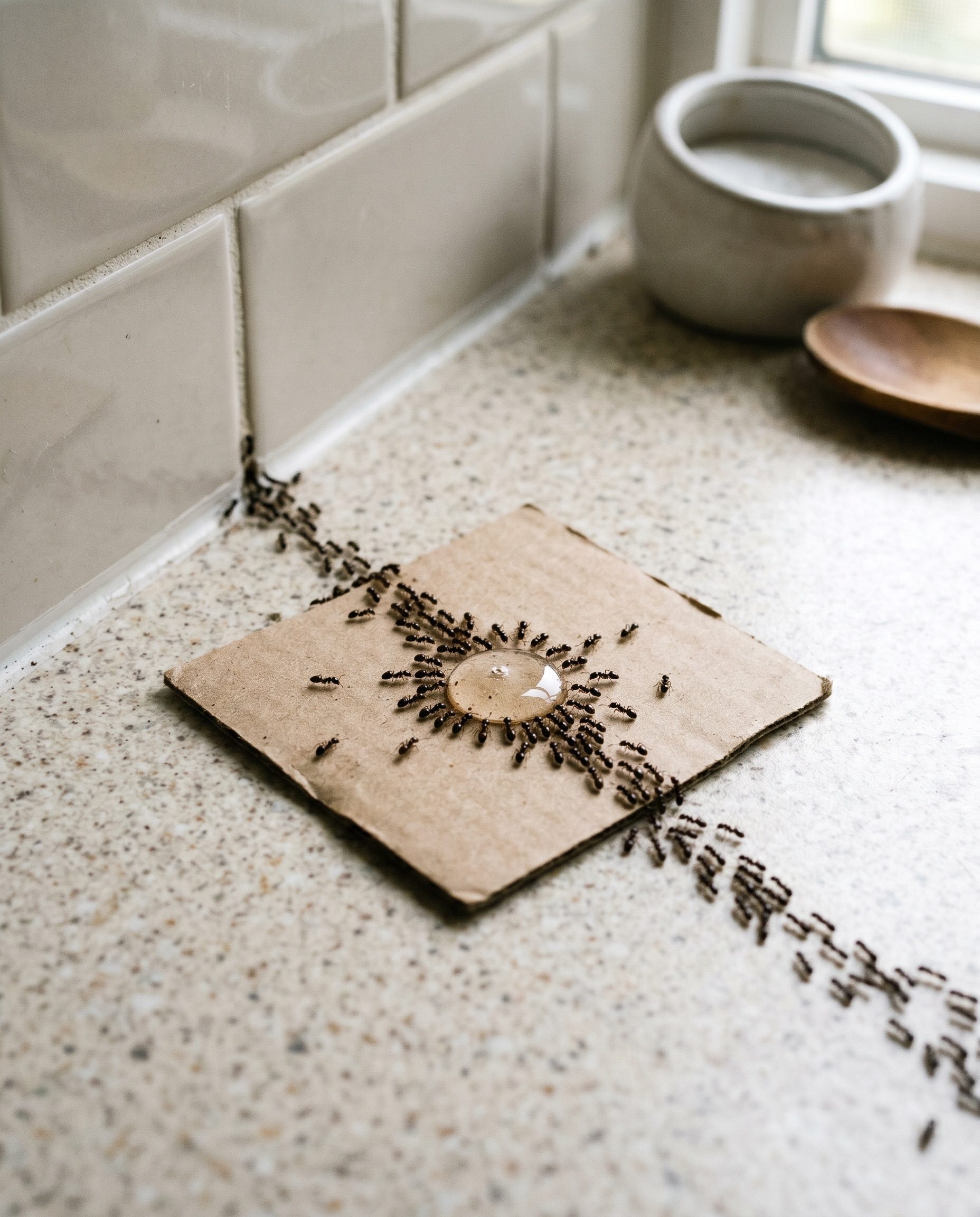 a small bead of clear sweet liquid ant bait placed on a piece of card on a kitchen countertop where it meets t
