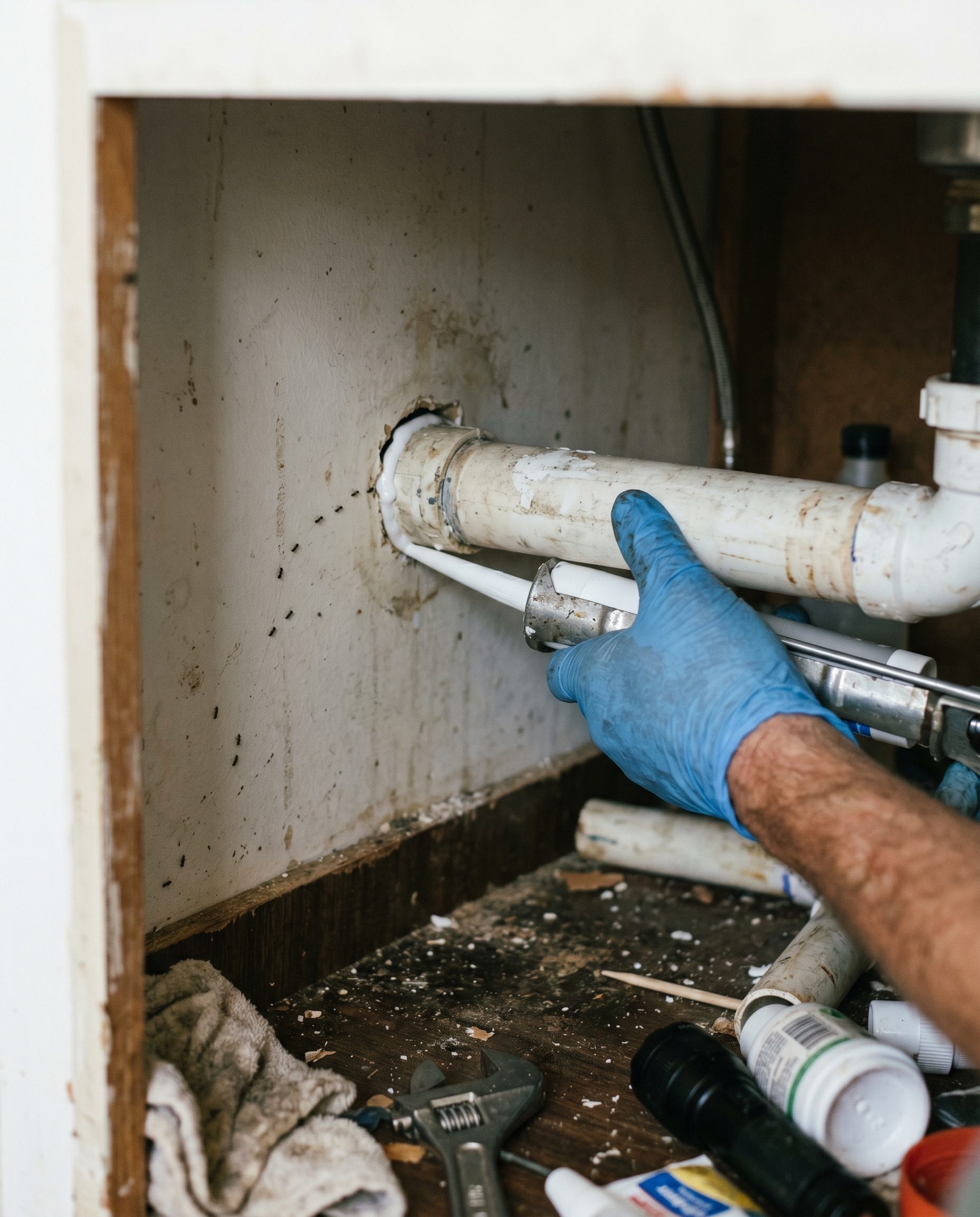 a hand running a bead of caulk into the gap where a kitchen pipe passes through the wall under the sink, with