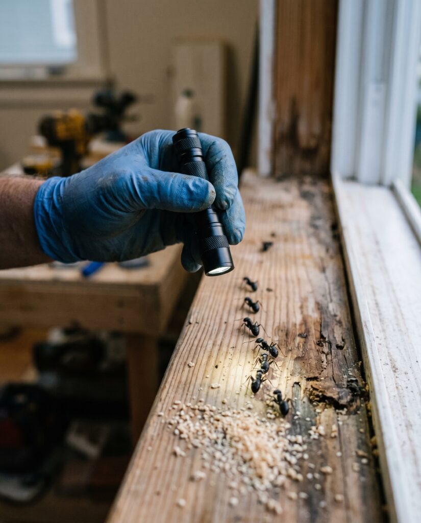 a gloved hand pointing a small flashlight at a line of large black carpenter ants trailing along a damp, water