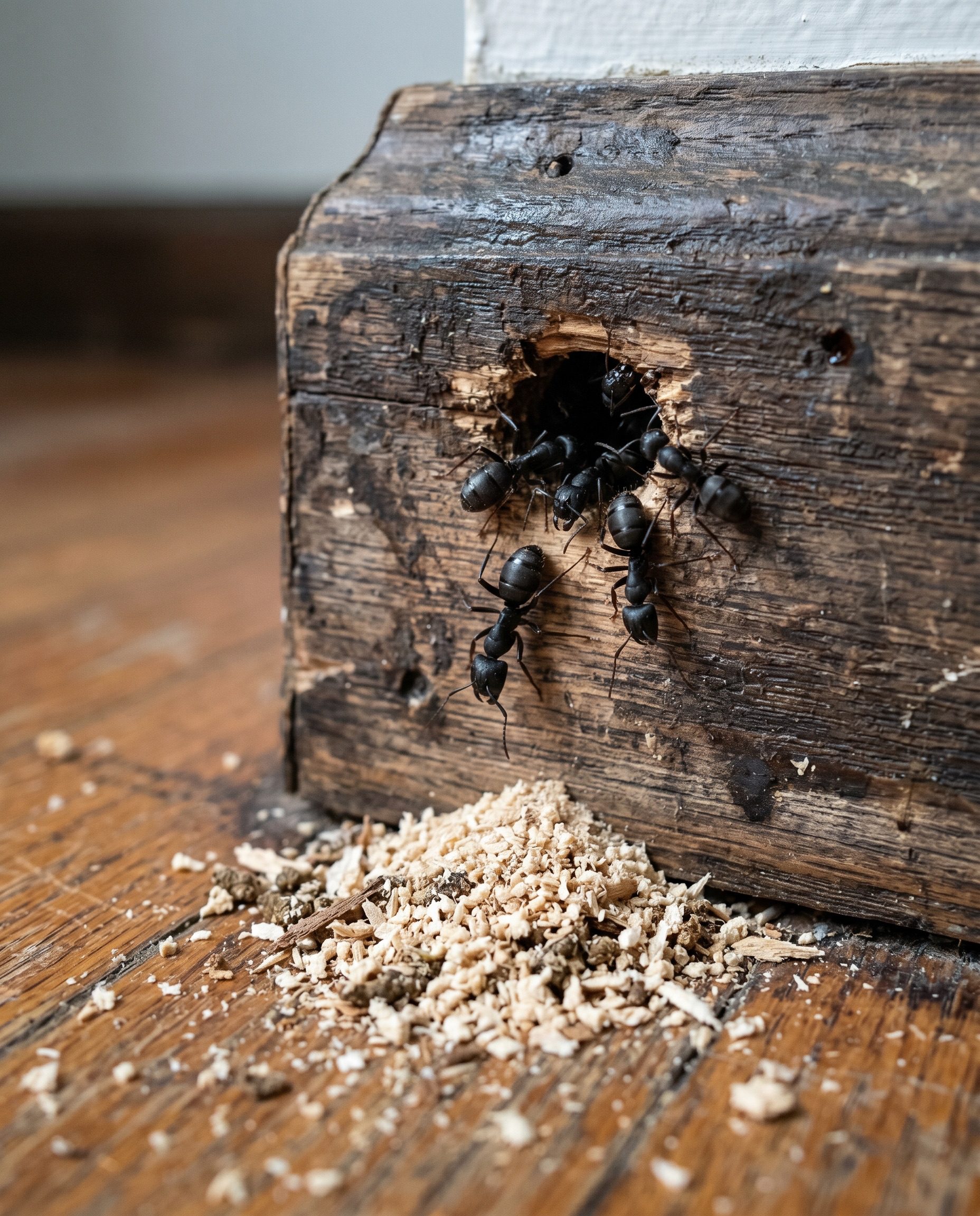 a close macro of large black carpenter ants emerging from a small hole in a dark, water-stained wooden baseboa