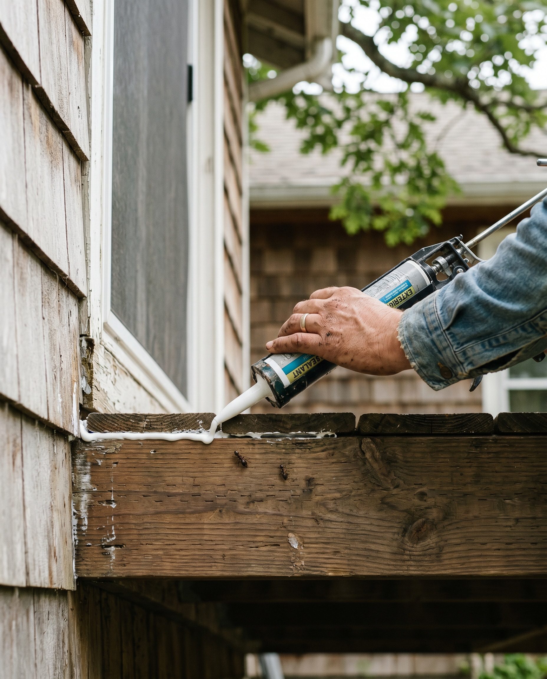 a hand running a bead of caulk into the gap where a deck ledger board meets the exterior wall of a house, with