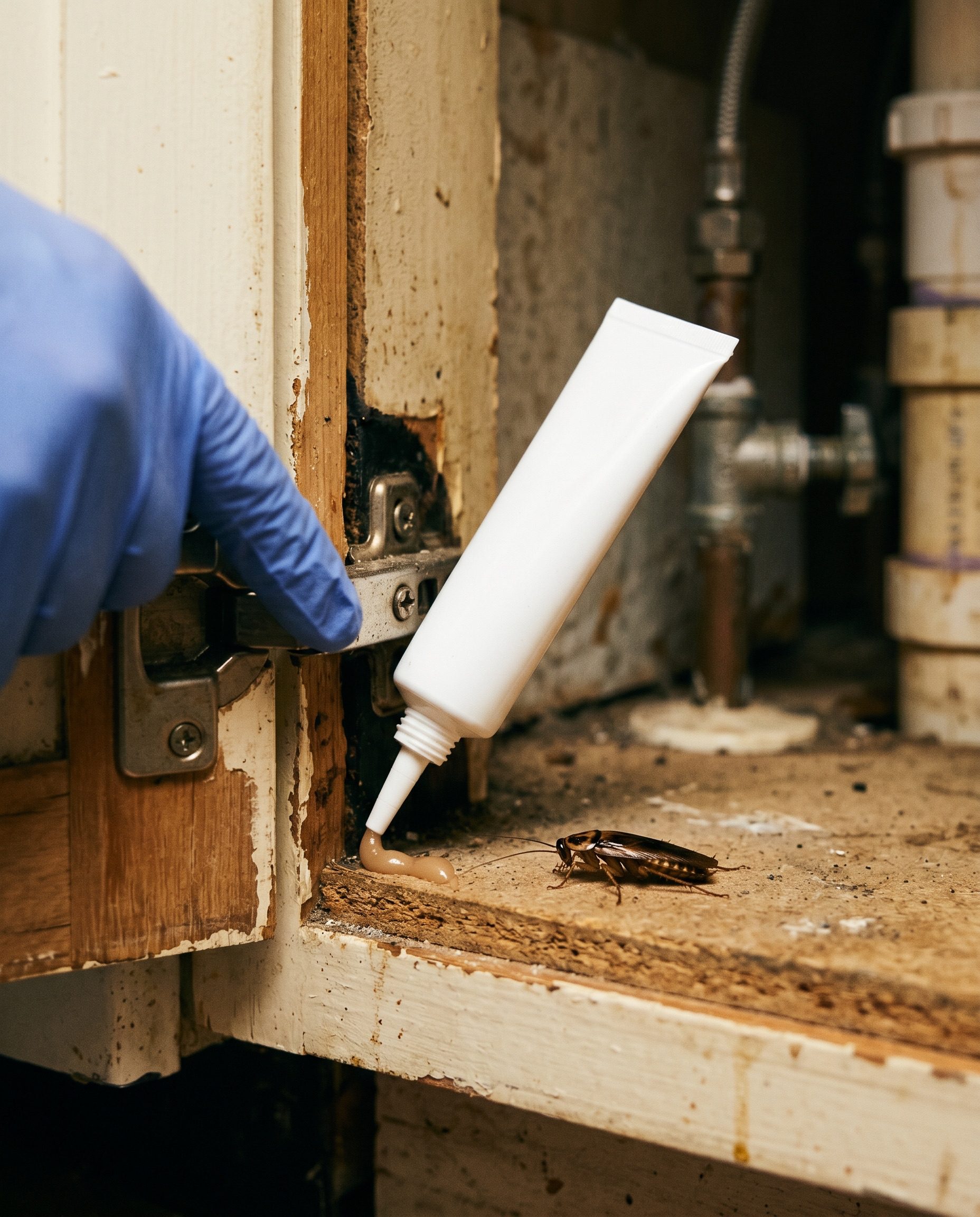 a gloved hand placing a small bead of plain unbranded pest gel into the back hinge crevice of an under-sink ca