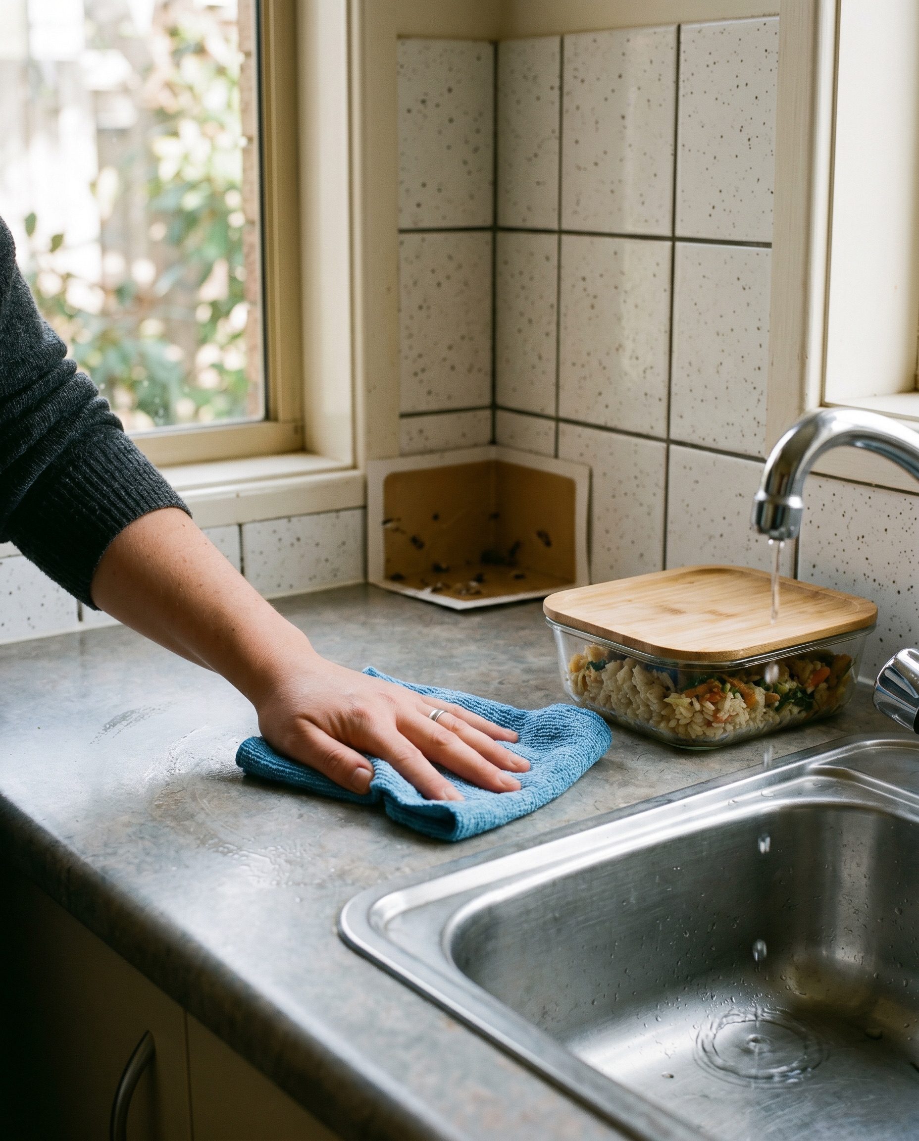 a hand wiping down a kitchen counter with a cloth beside a sealed glass food container and a fixed dripping fa