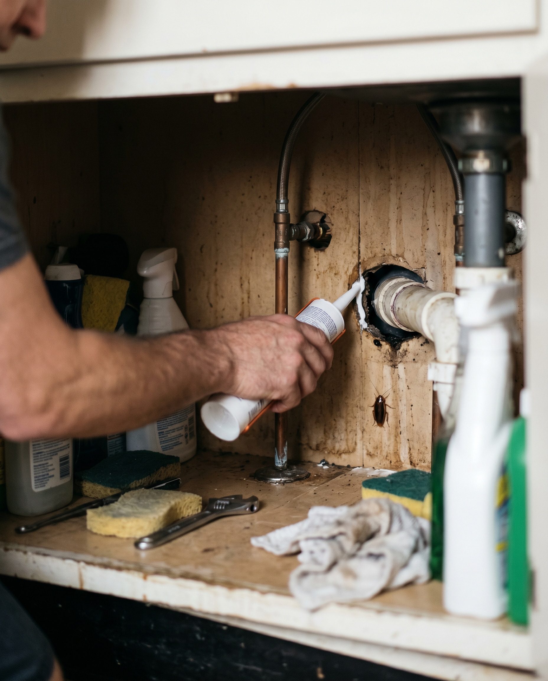 a hand running a bead of caulk into the gap where a kitchen pipe passes through the wall under the sink, with 