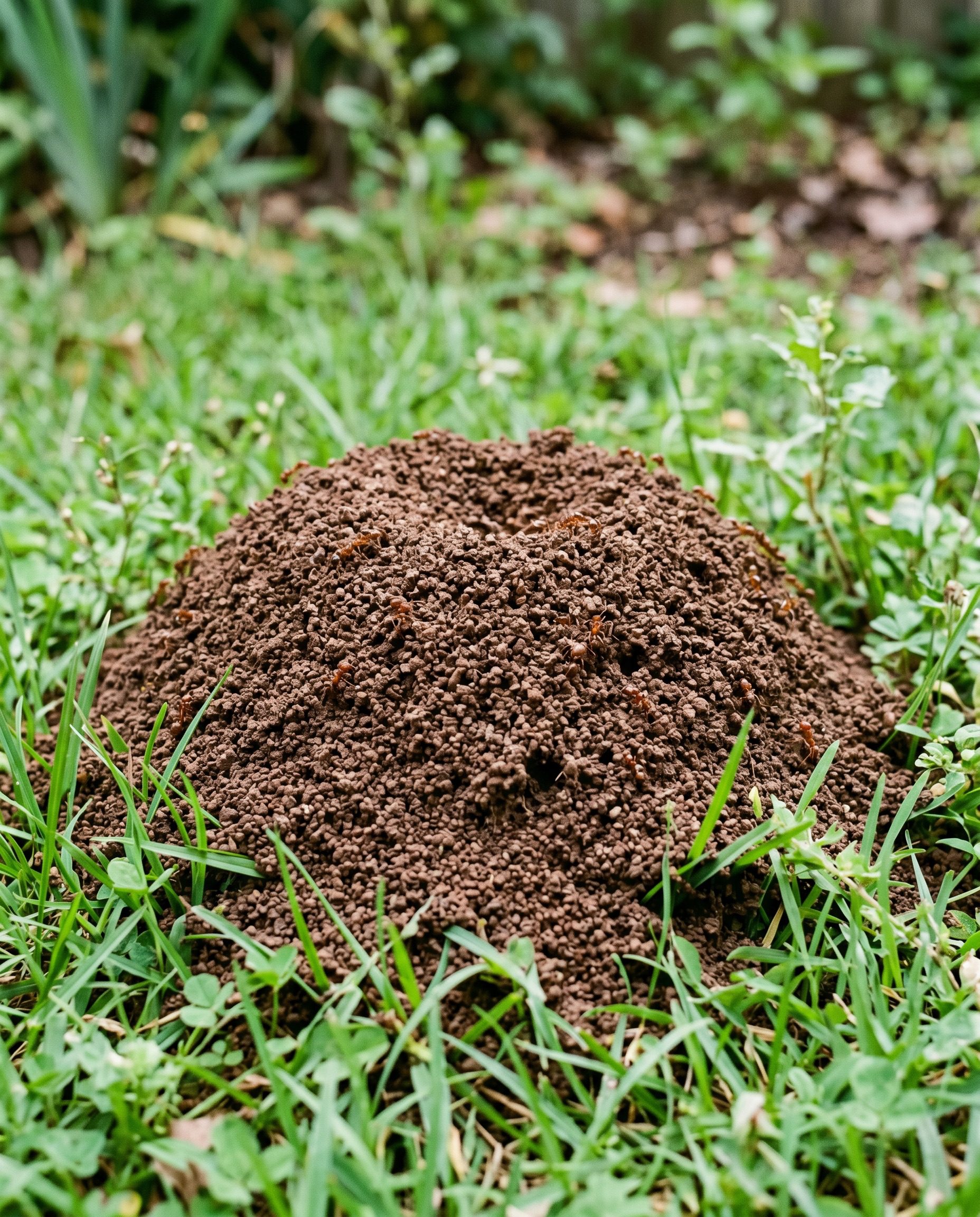 a macro close-up of a domed fire ant mound in a green lawn with no obvious central hole, the loose soil dome s