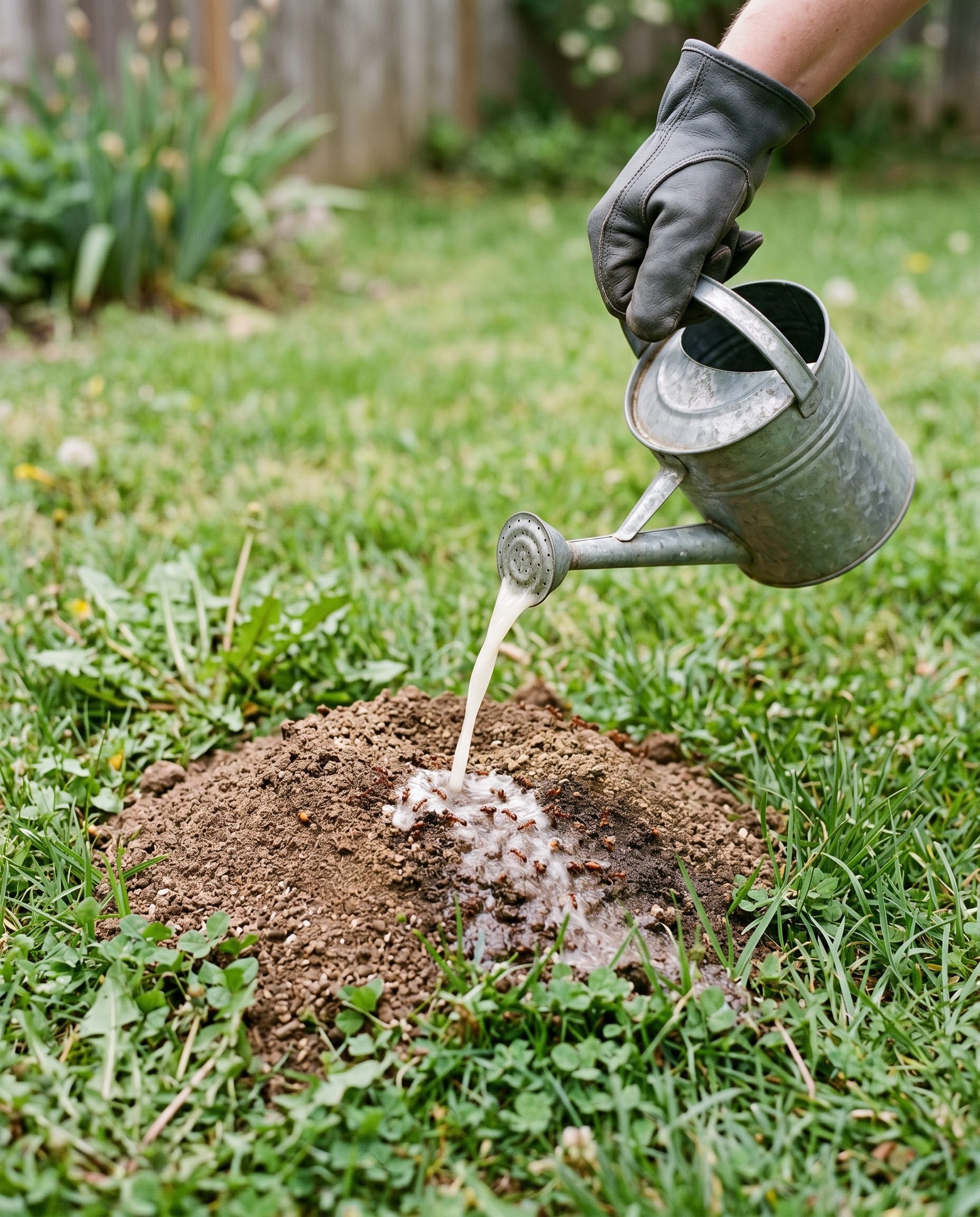 a gloved hand slowly pouring liquid mound drench from a watering can onto a single fire ant mound in a backyar