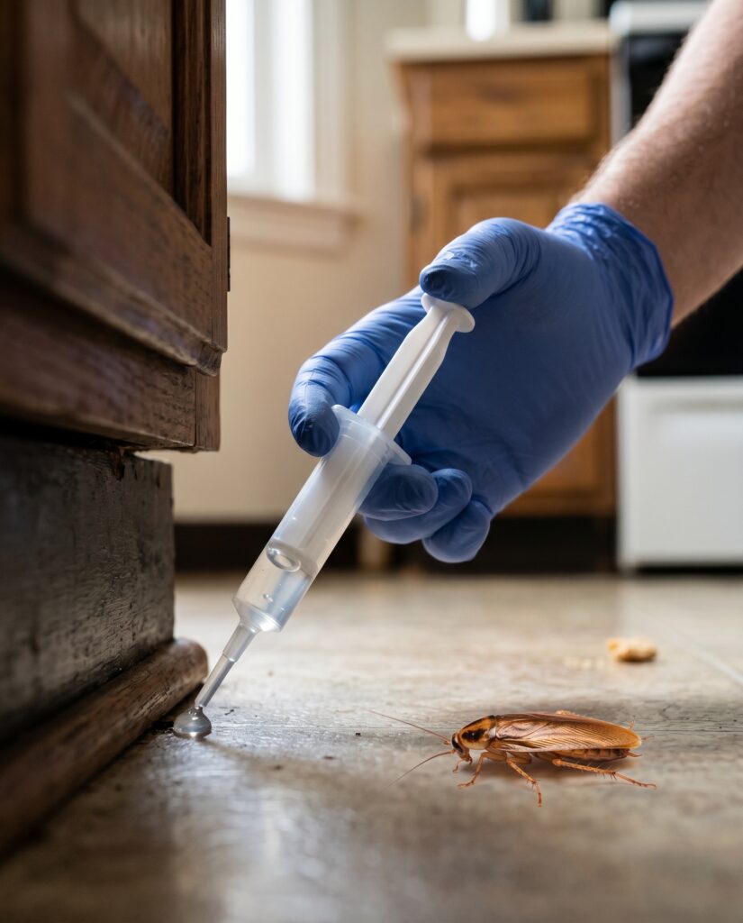 a gloved hand squeezing a small pea-sized bead of clear gel bait from a plain unbranded syringe applicator int