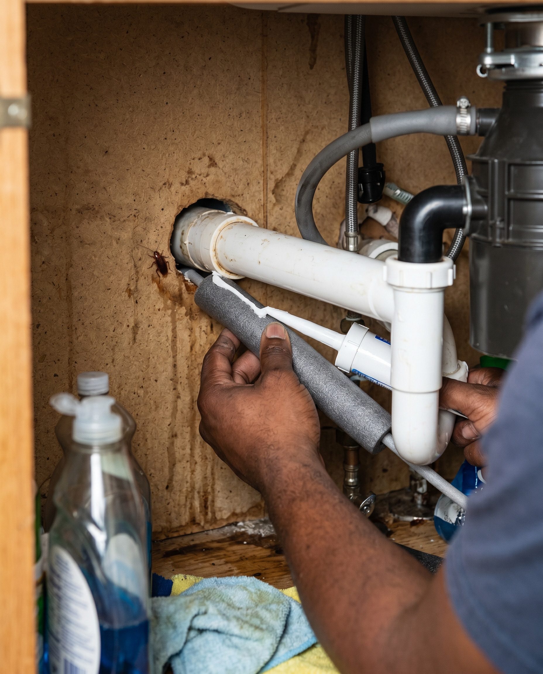 a hand pressing removable foam backer rod and a bead of paintable caulk into the gap around a kitchen sink dra