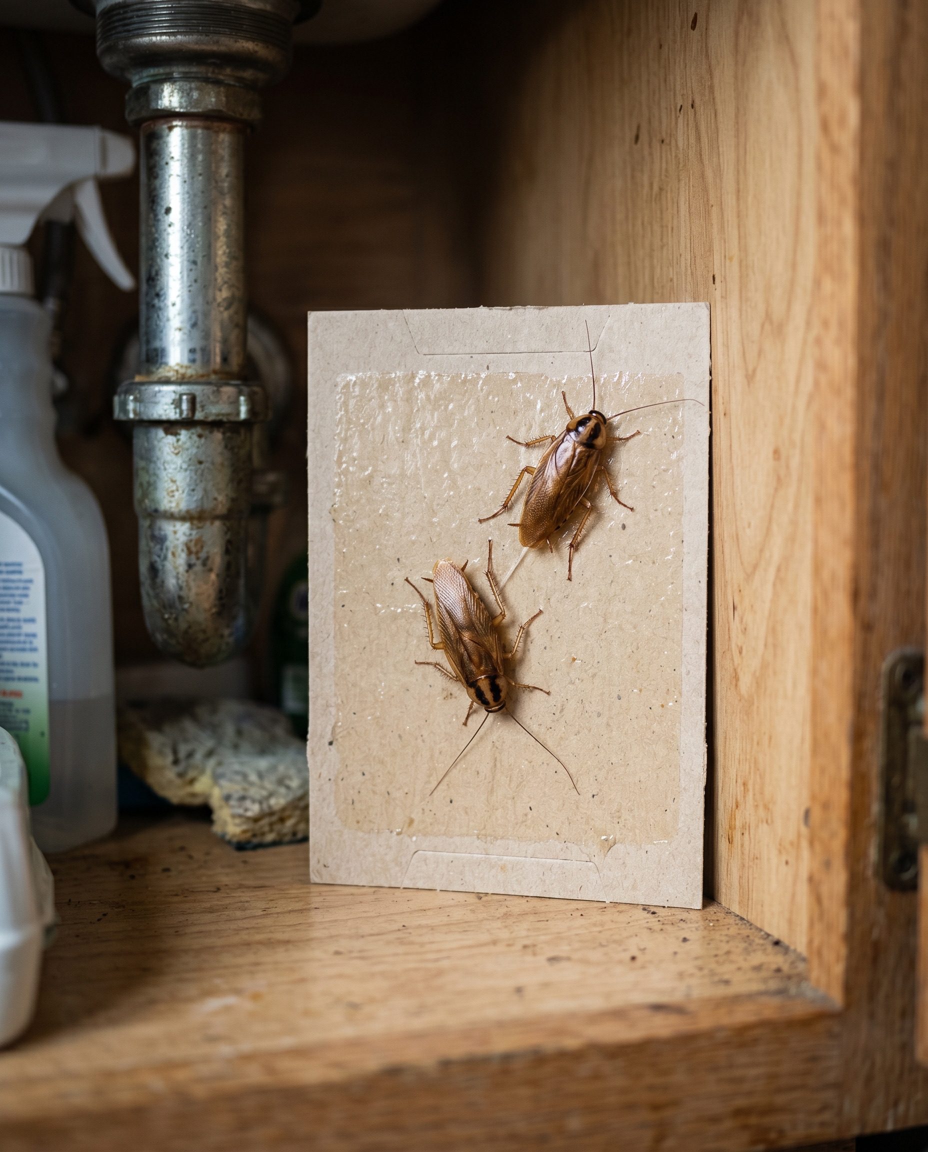 a flat sticky monitor trap tucked into the corner under a kitchen sink with two German cockroaches caught on i