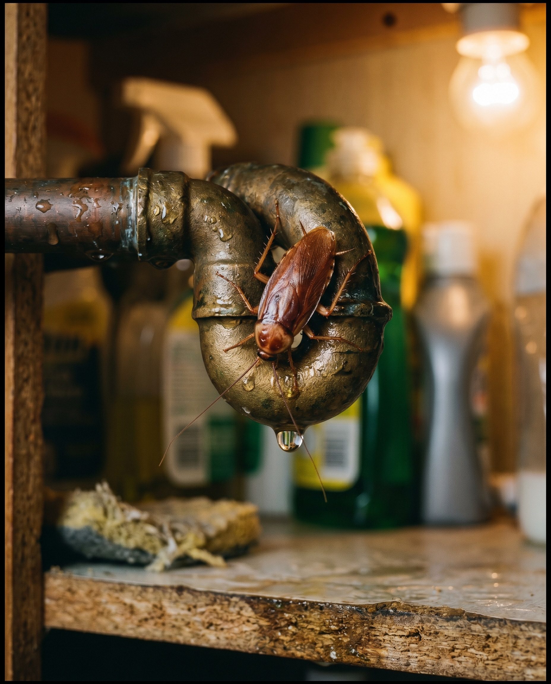 a single German cockroach on the wet metal of a slowly dripping pipe joint inside a dim under-sink cabinet, a 