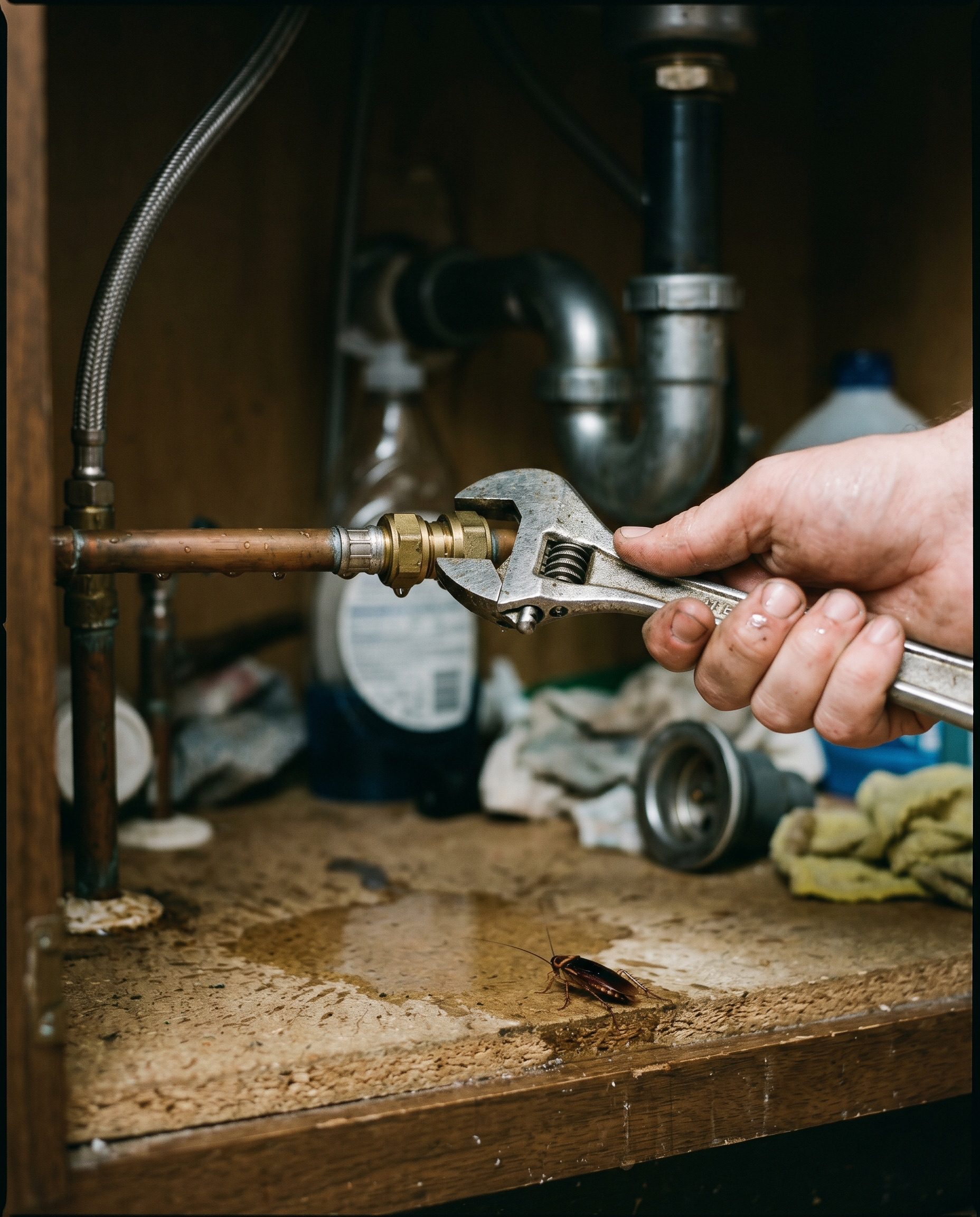 a hand using a wrench to tighten a leaking pipe fitting under a kitchen sink, a small pool of water on the cab