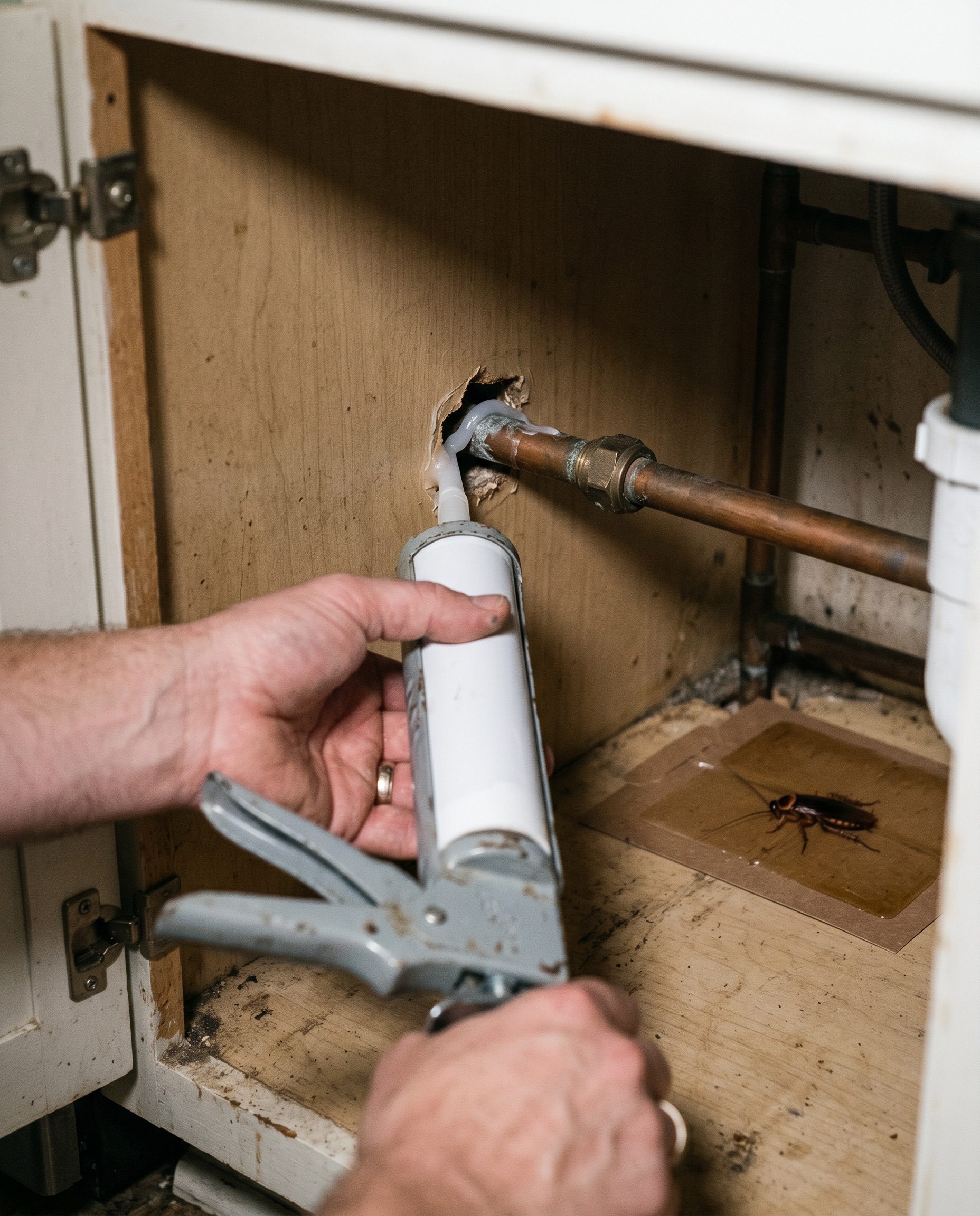 a hand running a bead of silicone caulk along the gap where a water pipe passes through the cabinet wall under