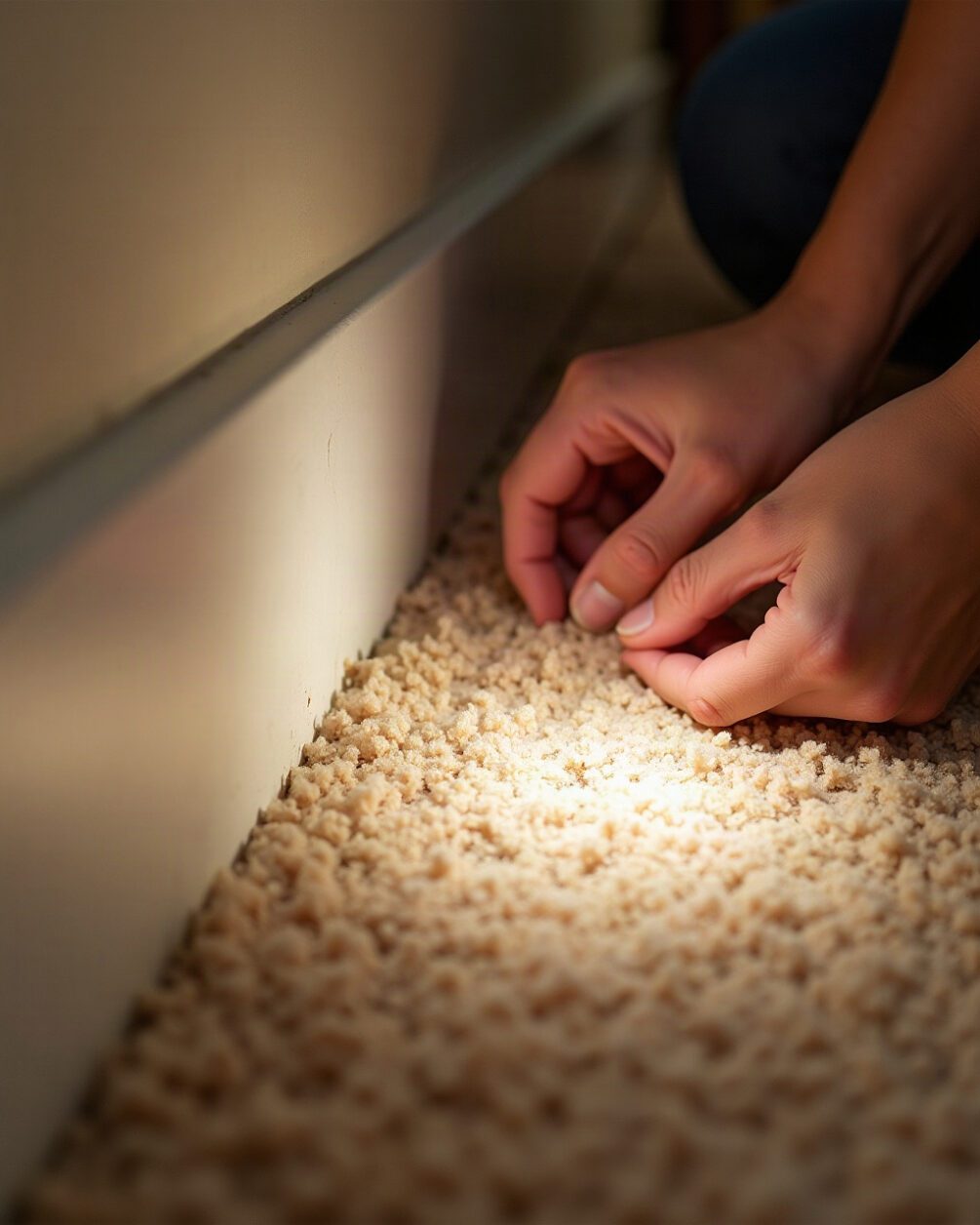 Hands parting carpet pile at a skirting board under torch light