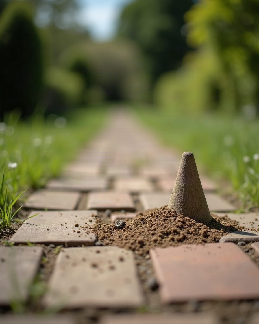 A small cone of fine loose soil pushed up between paving slabs on a garden path, summer daylight