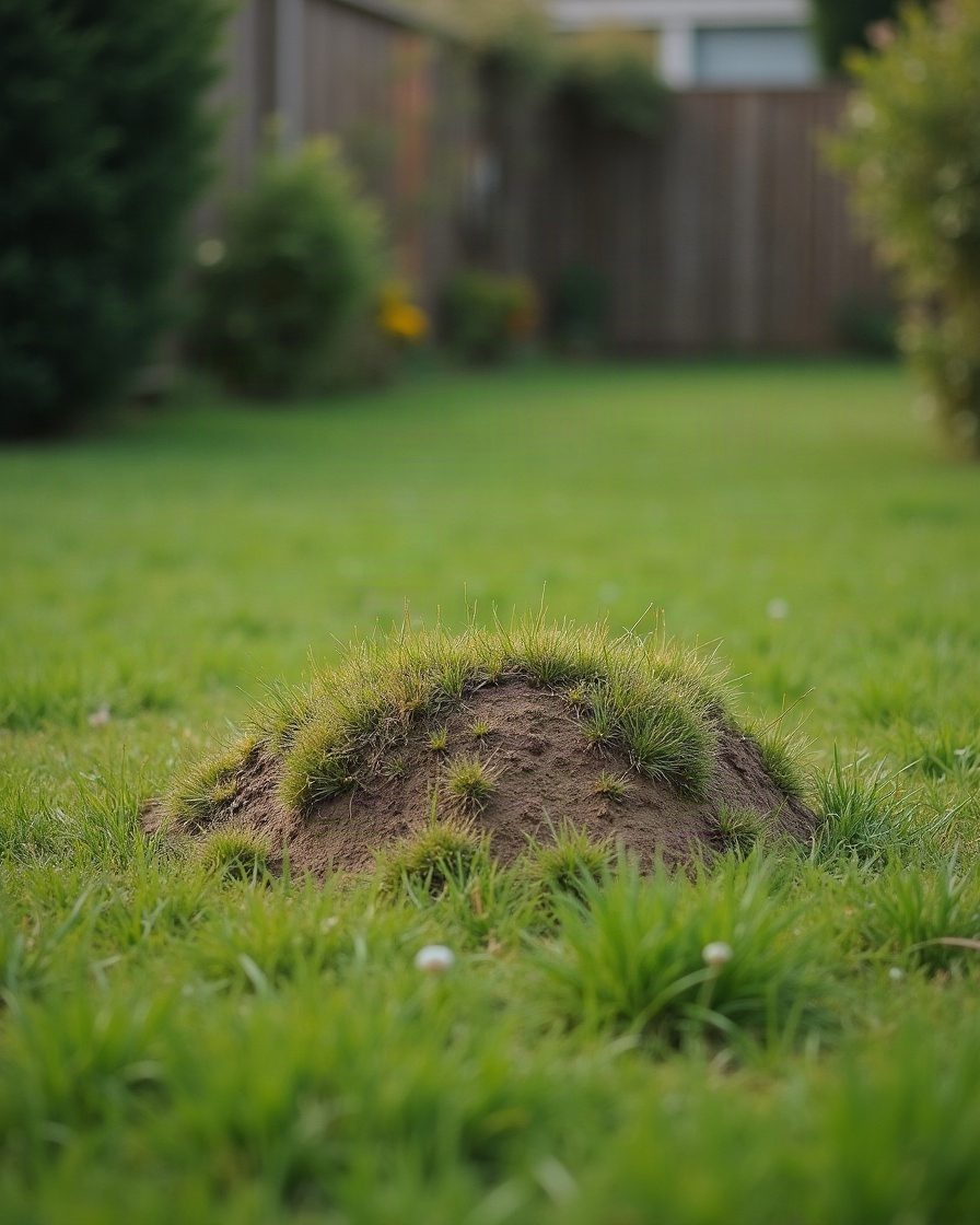 A low broad grassy mound in a lawn with worn bare patches on its surface, morning daylight, plain garden scene