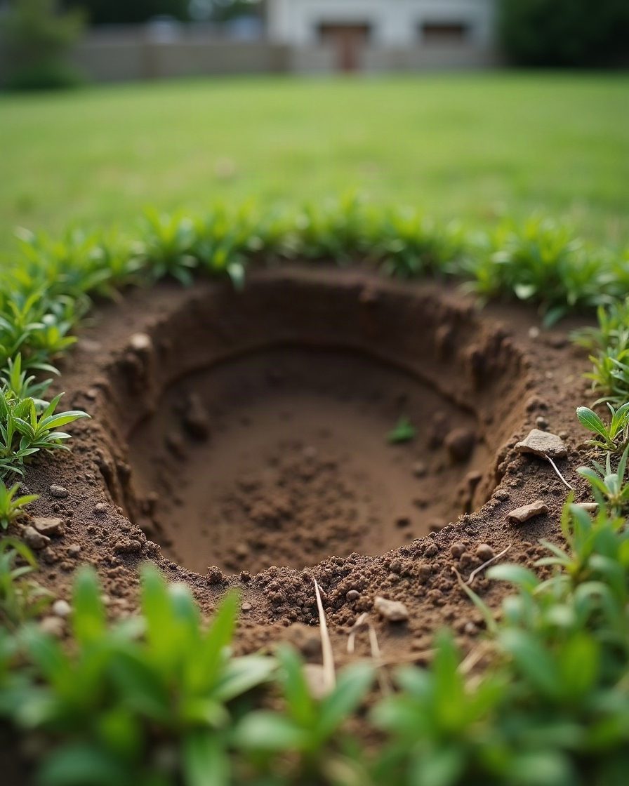 A small hole in bare soil at the edge of a lawn with no spoil heap around it at all, plain outdoor detail