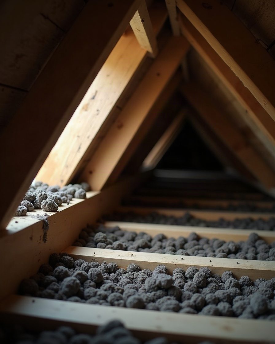 A loft interior with bare rafters and insulation, a small dark accumulation of pellets on a joist below the ridge