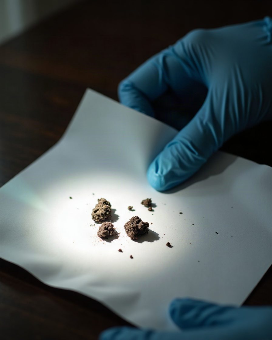 A gloved hand holding a sheet of white paper with a few dark crumbled pellets on it