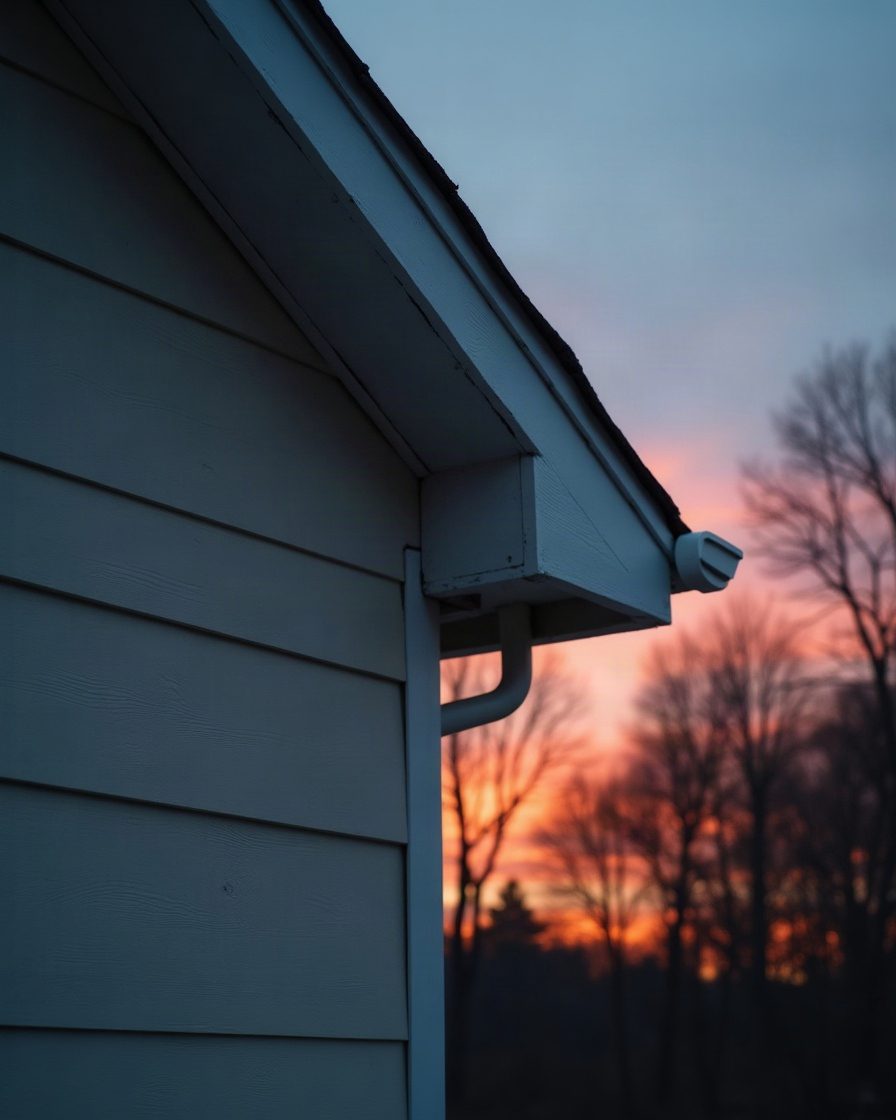 Exterior gable end of a house at dusk with a narrow gap at the soffit junction, warm evening sky behind