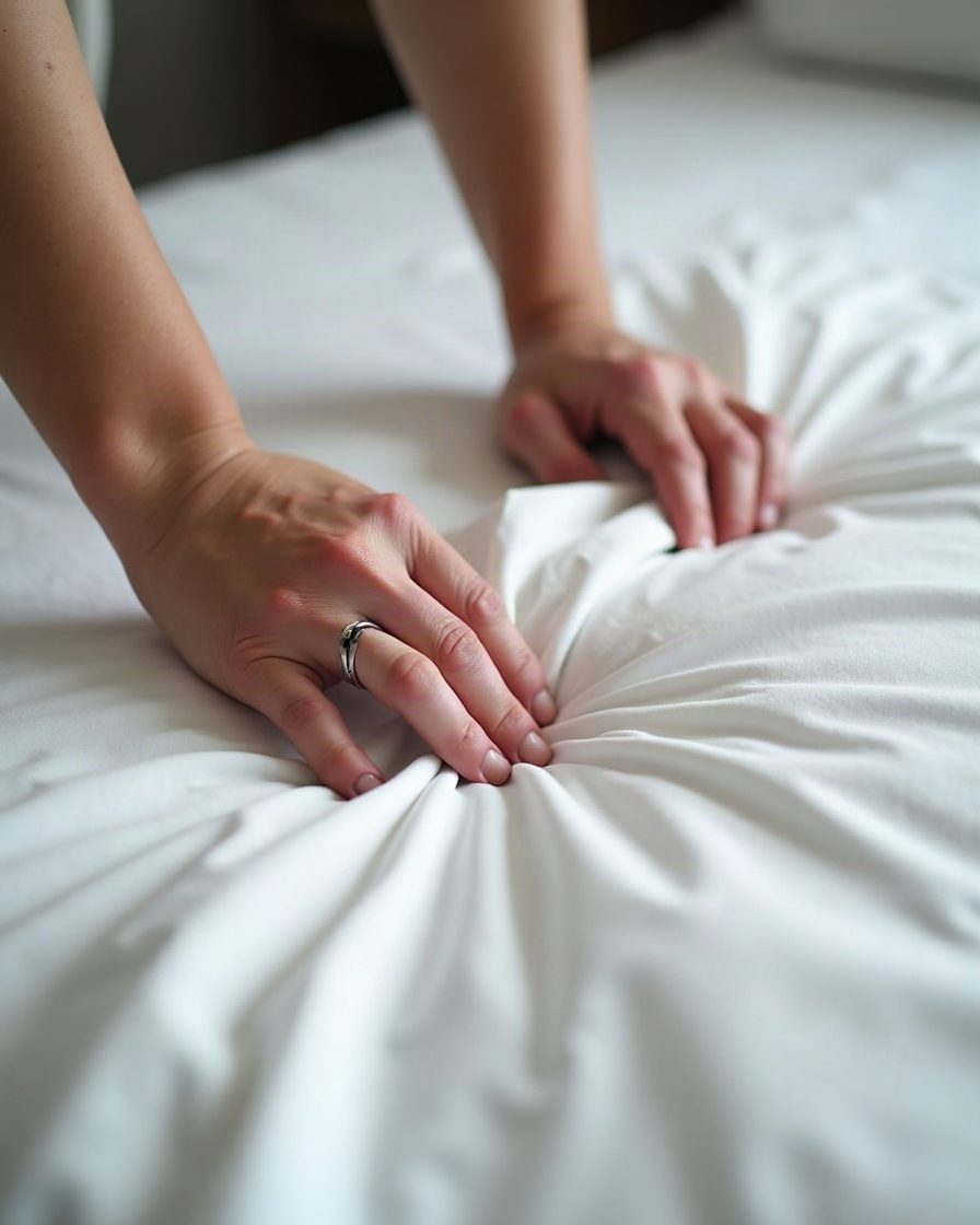 Hands folding back a white fitted sheet at a mattress seam under torch light