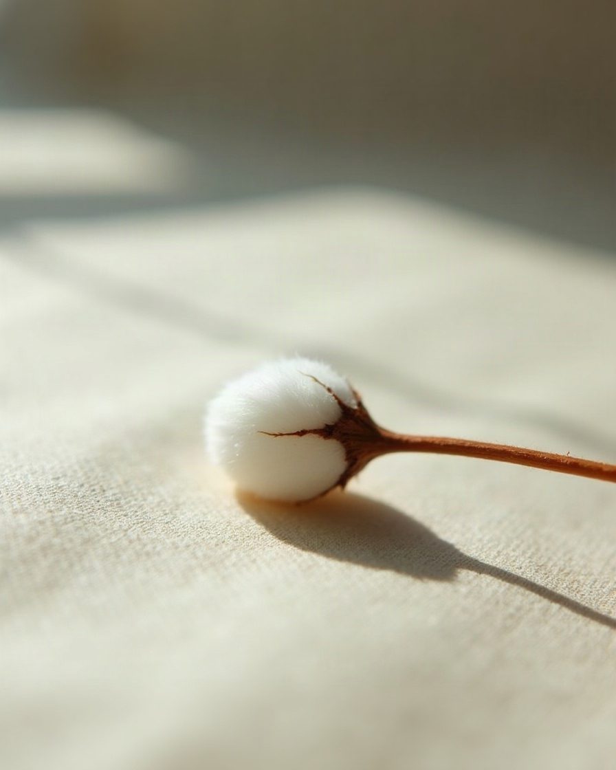 A damp white cotton bud pressed against a plain pale fabric surface leaving a faint rusty brown halo, close macro