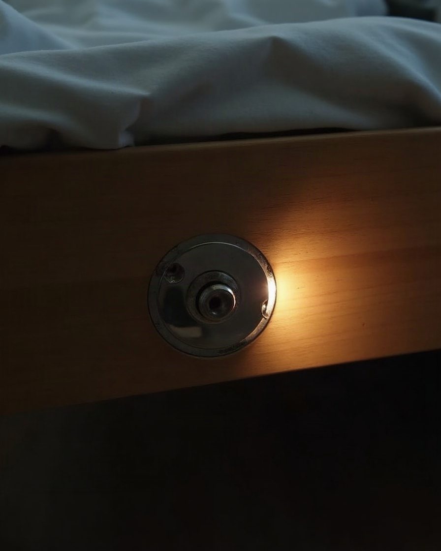 A bed frame joint and screw hole seen close up with a torch beam angled into the recess