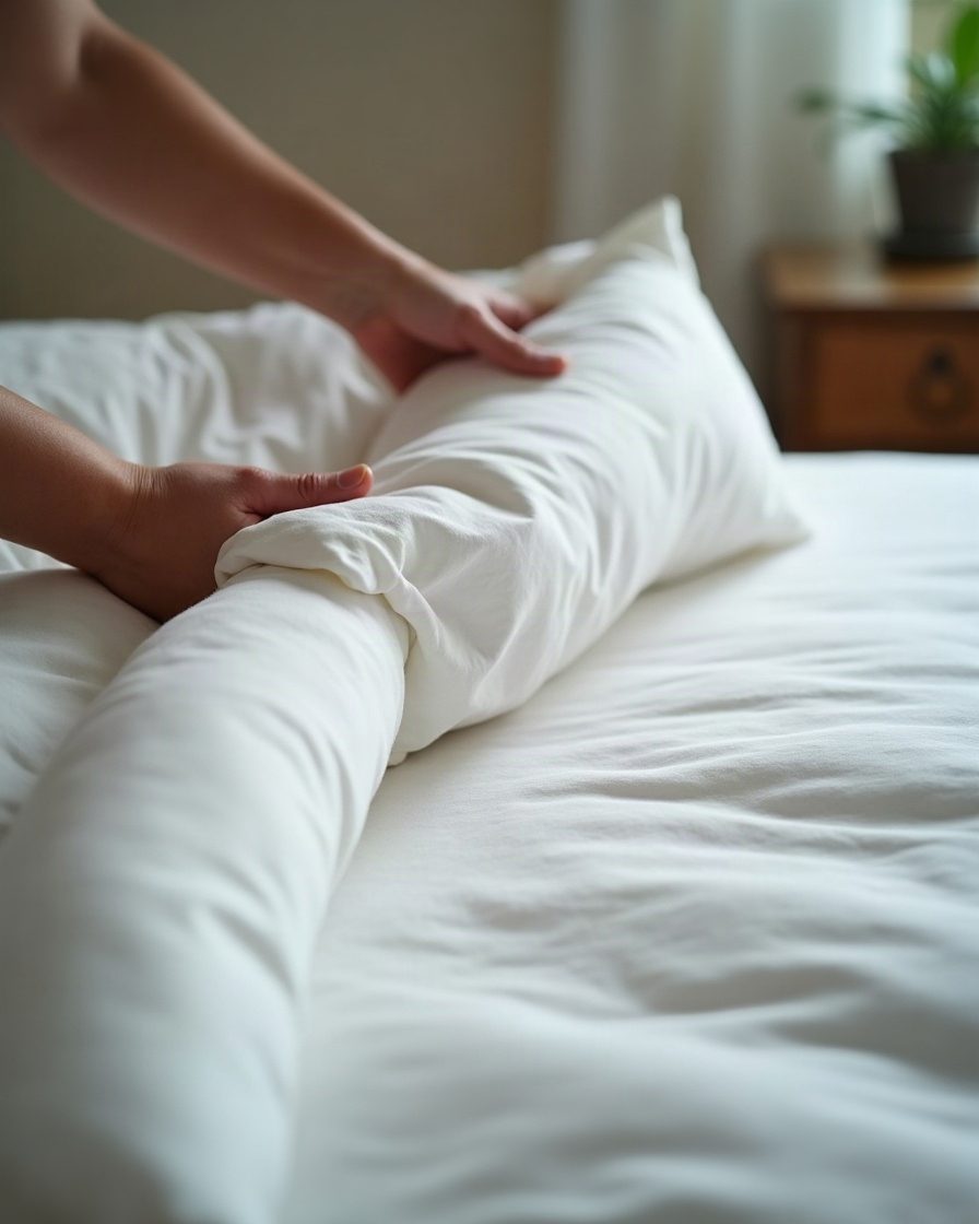 Hands folding back a white fitted sheet at a mattress seam under torch light, plain white bedding
