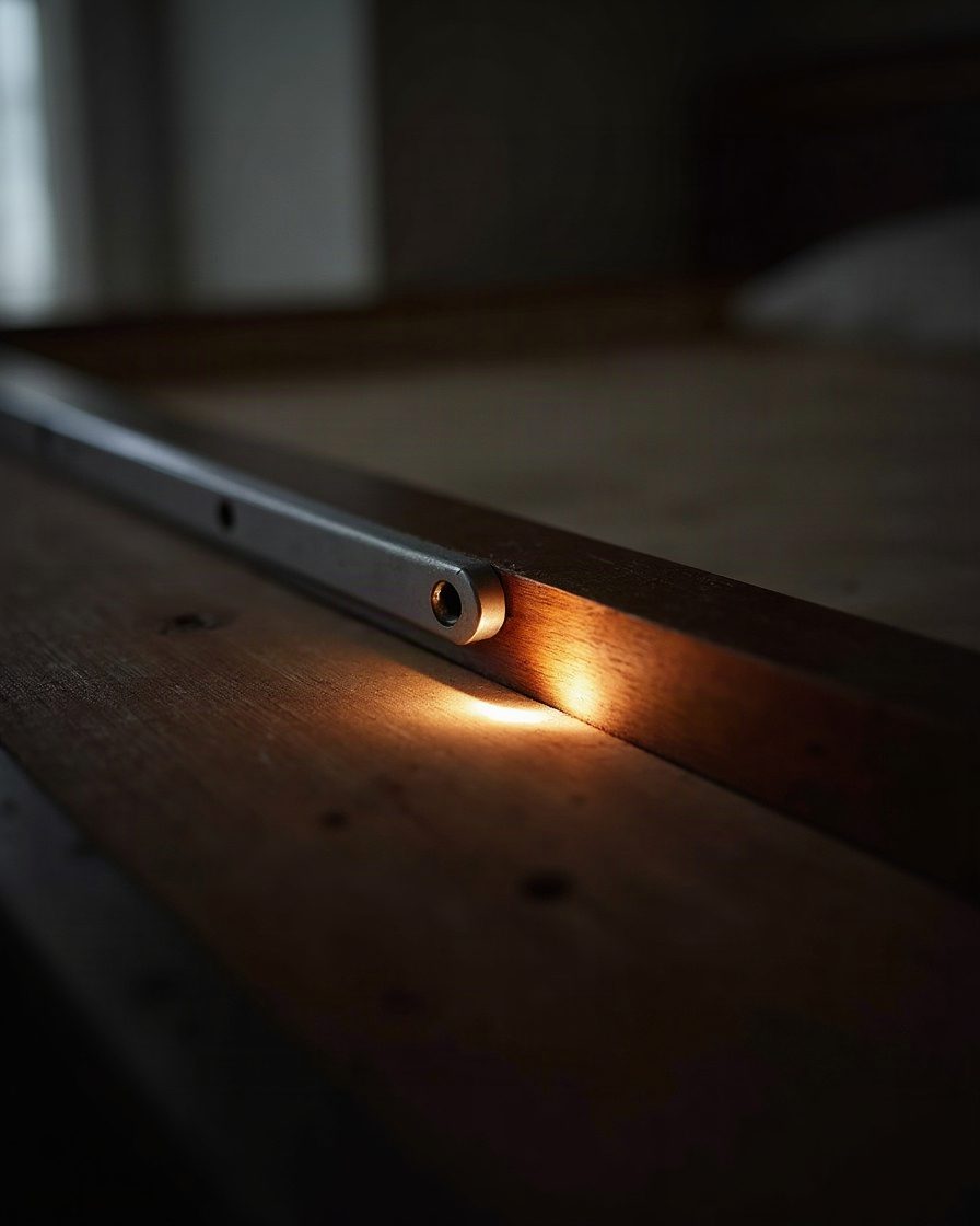 A bed frame joint and screw hole seen close up with a torch beam angled into the recess