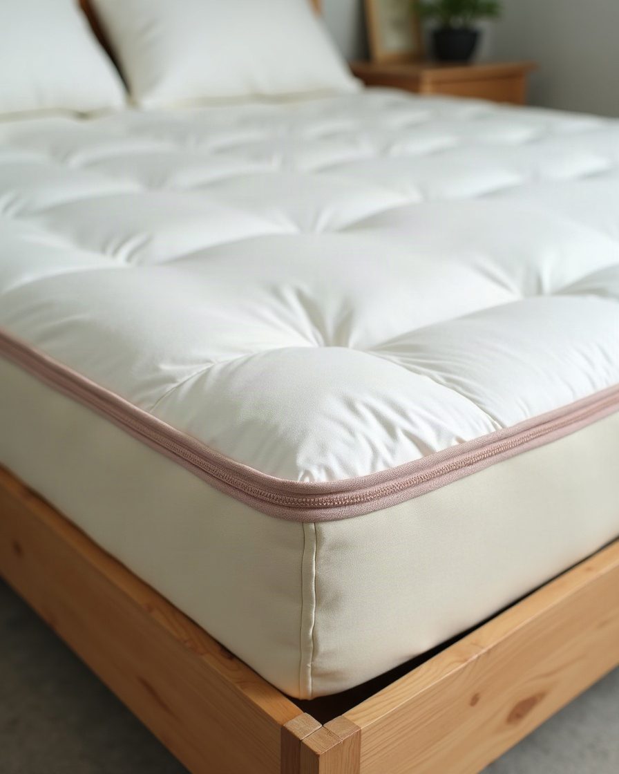 A mattress corner fitted with a pale zipped encasement, the zip visible along the edge