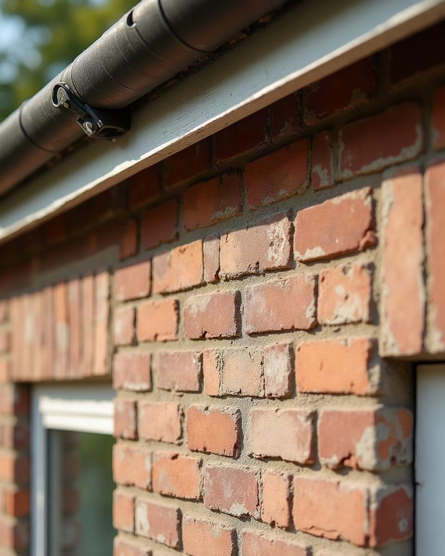 Exterior brick wall below a roof edge with pale chalky streaking running down the brickwork