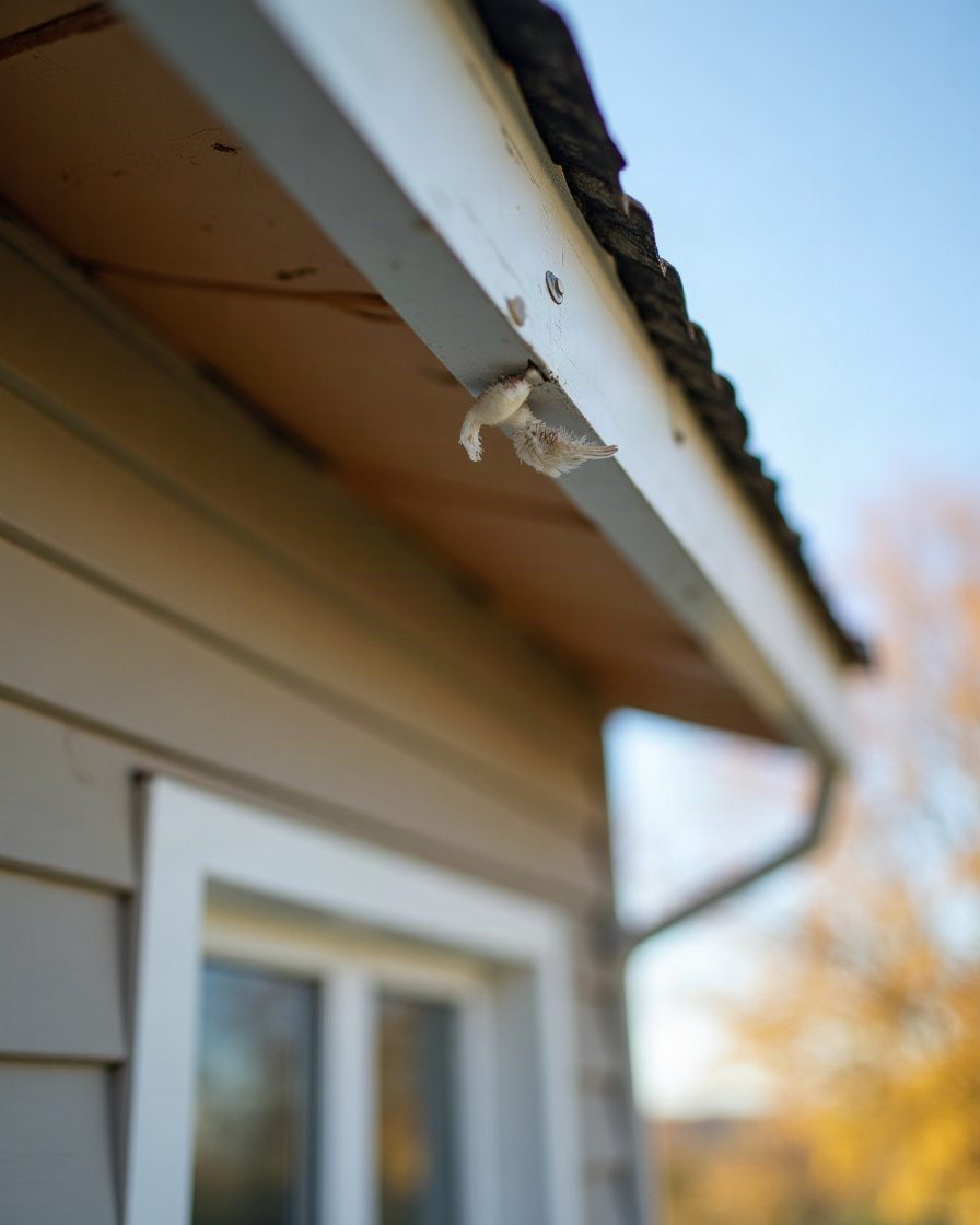 Roof soffit and fascia seen from below with a gap at the board junction and a few pale feathers caught at the edge