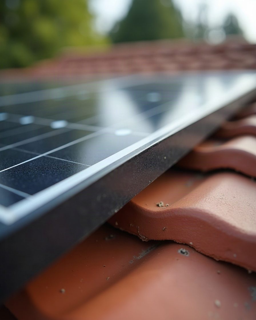 A solar panel edge on a tiled roof seen from ground level with a visible cavity beneath the panel