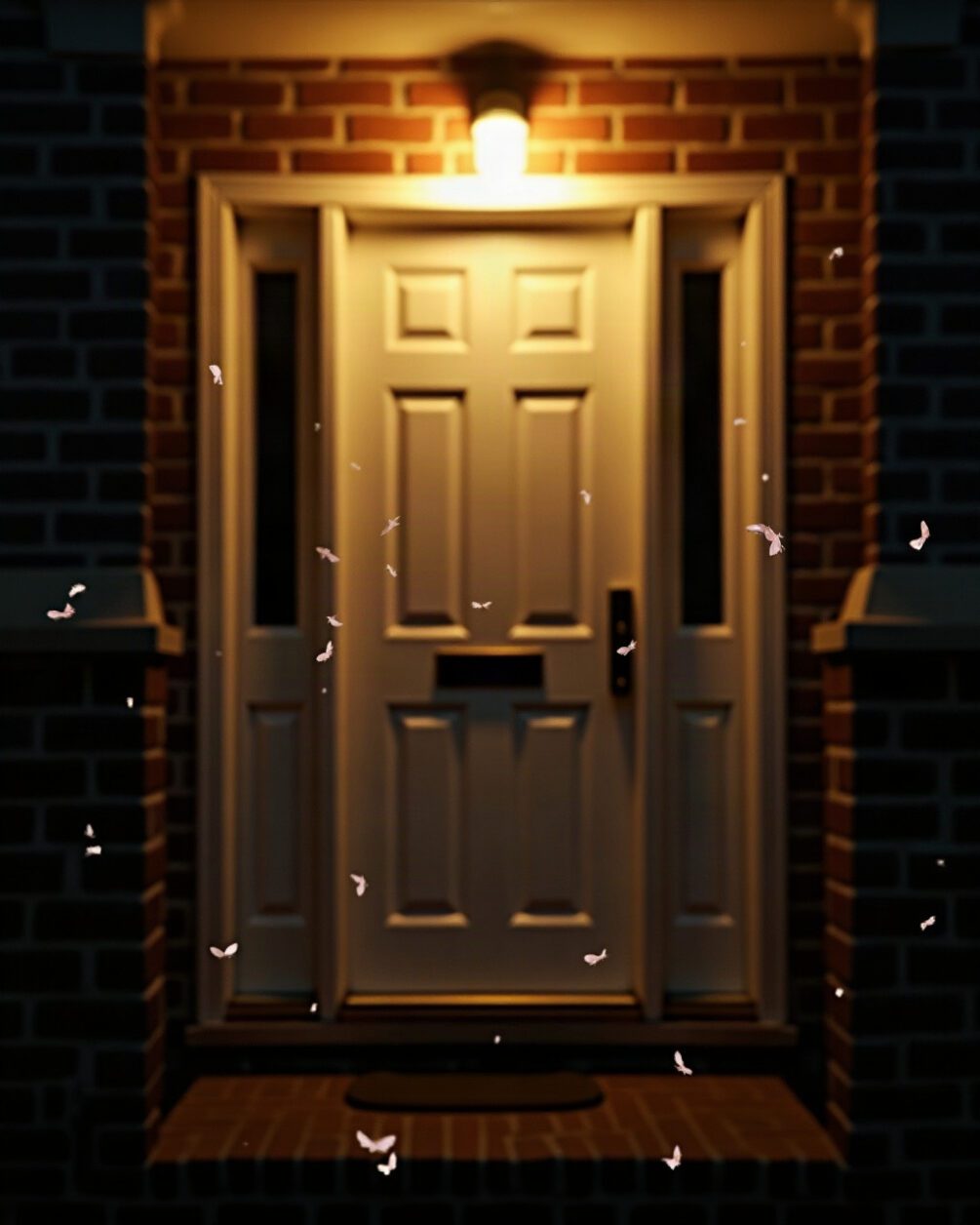 Porch light glowing above a front door at dusk, moths blurred in the light spill, brick wall and step below
