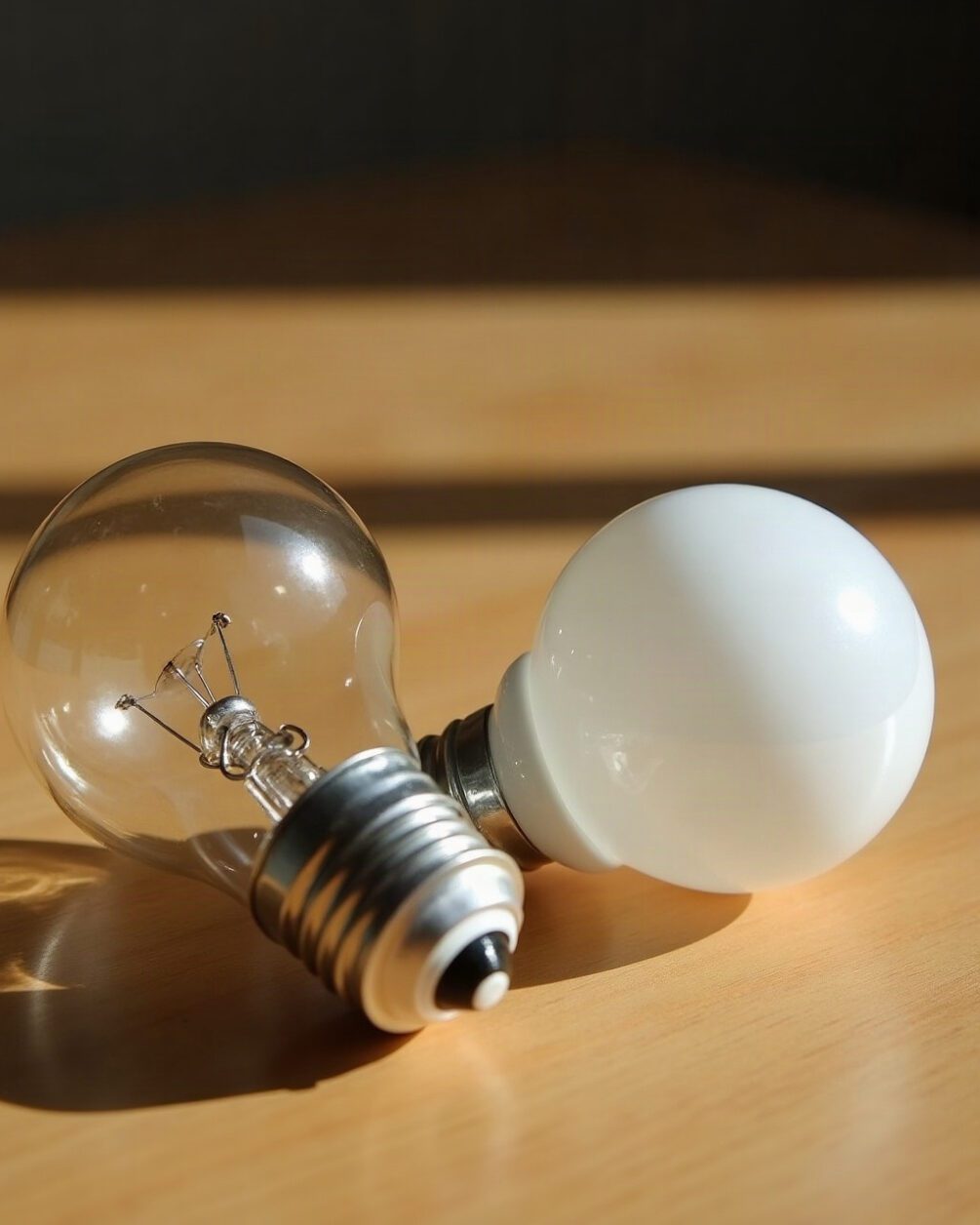 Two bare light bulbs lying side by side on a wooden table in daylight, one warm toned and one cool white